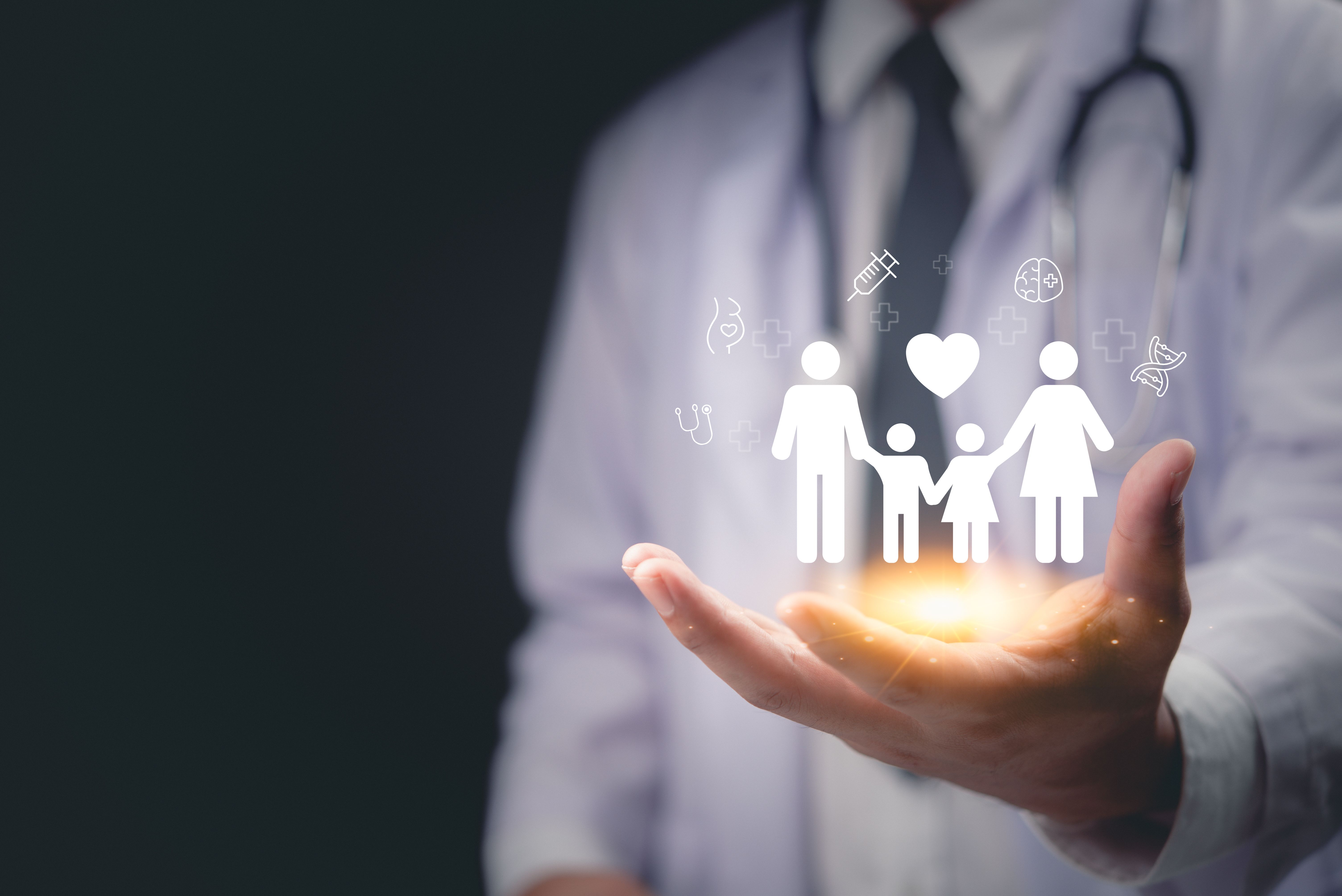 A doctor holds a glowing family icon with health symbols, promoting family wellness and healthcare. insurance assurance
