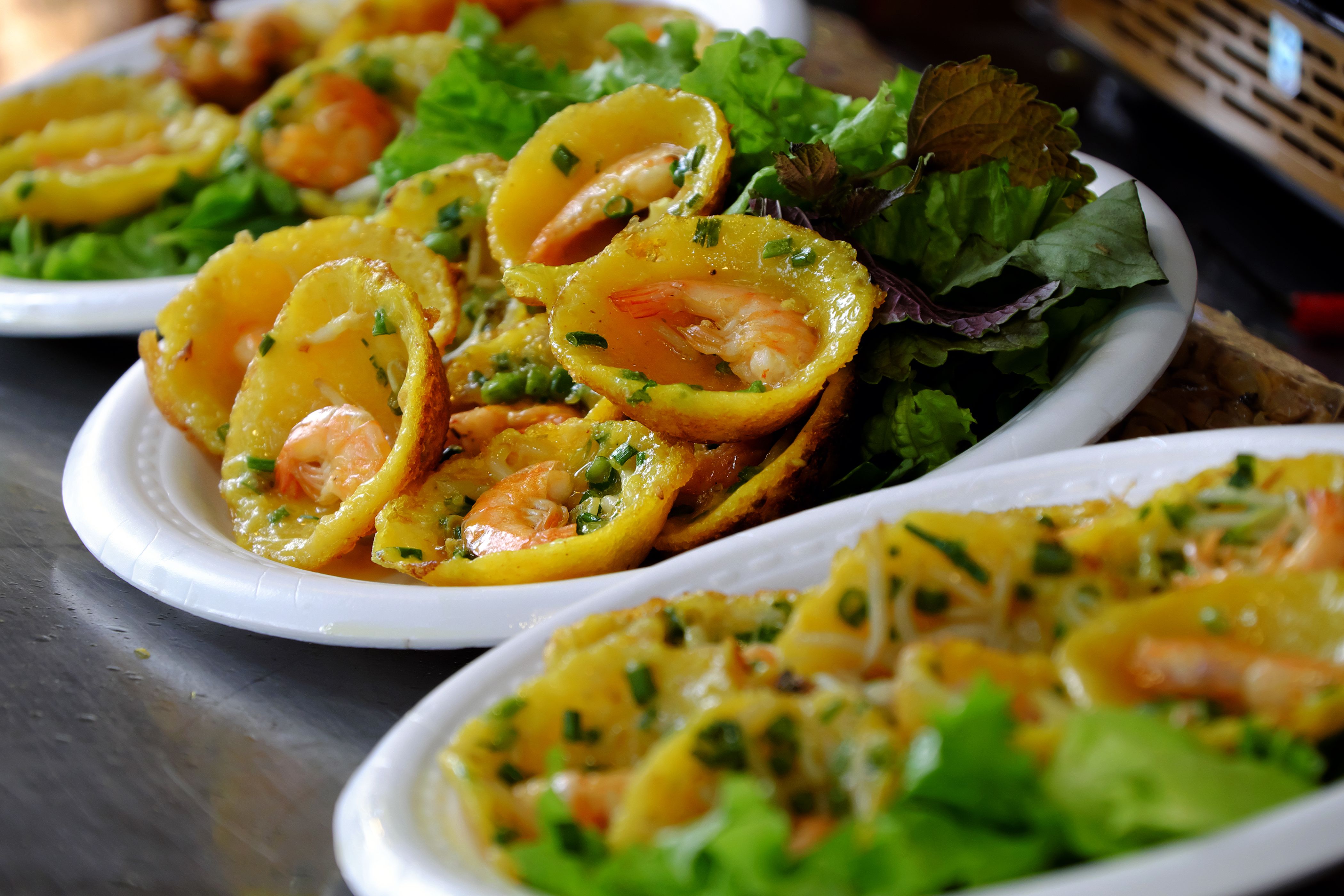 Vietnamese street food, yellow pancakes