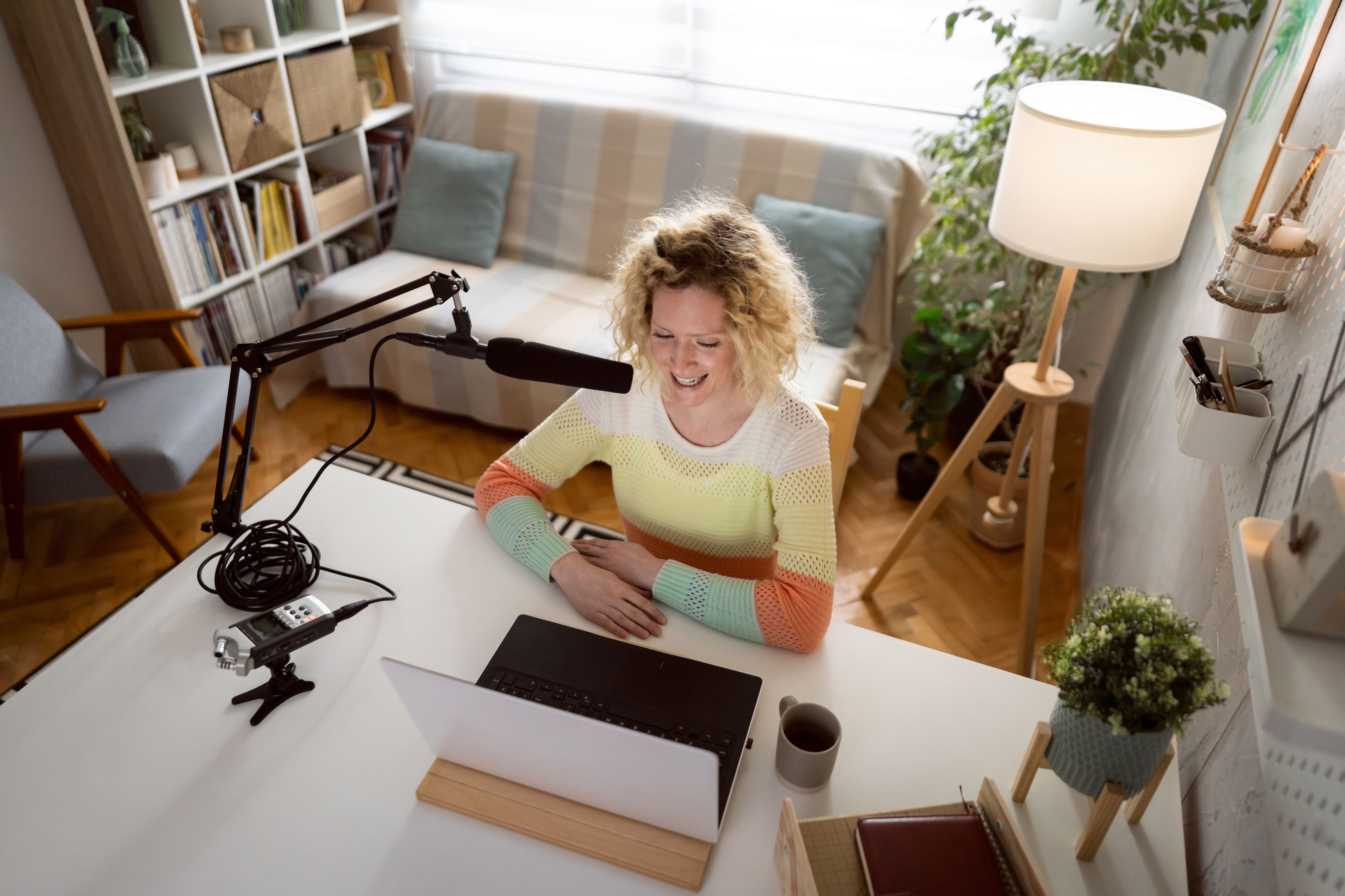 Caucasian female newscaster talking about todays news on her podcast