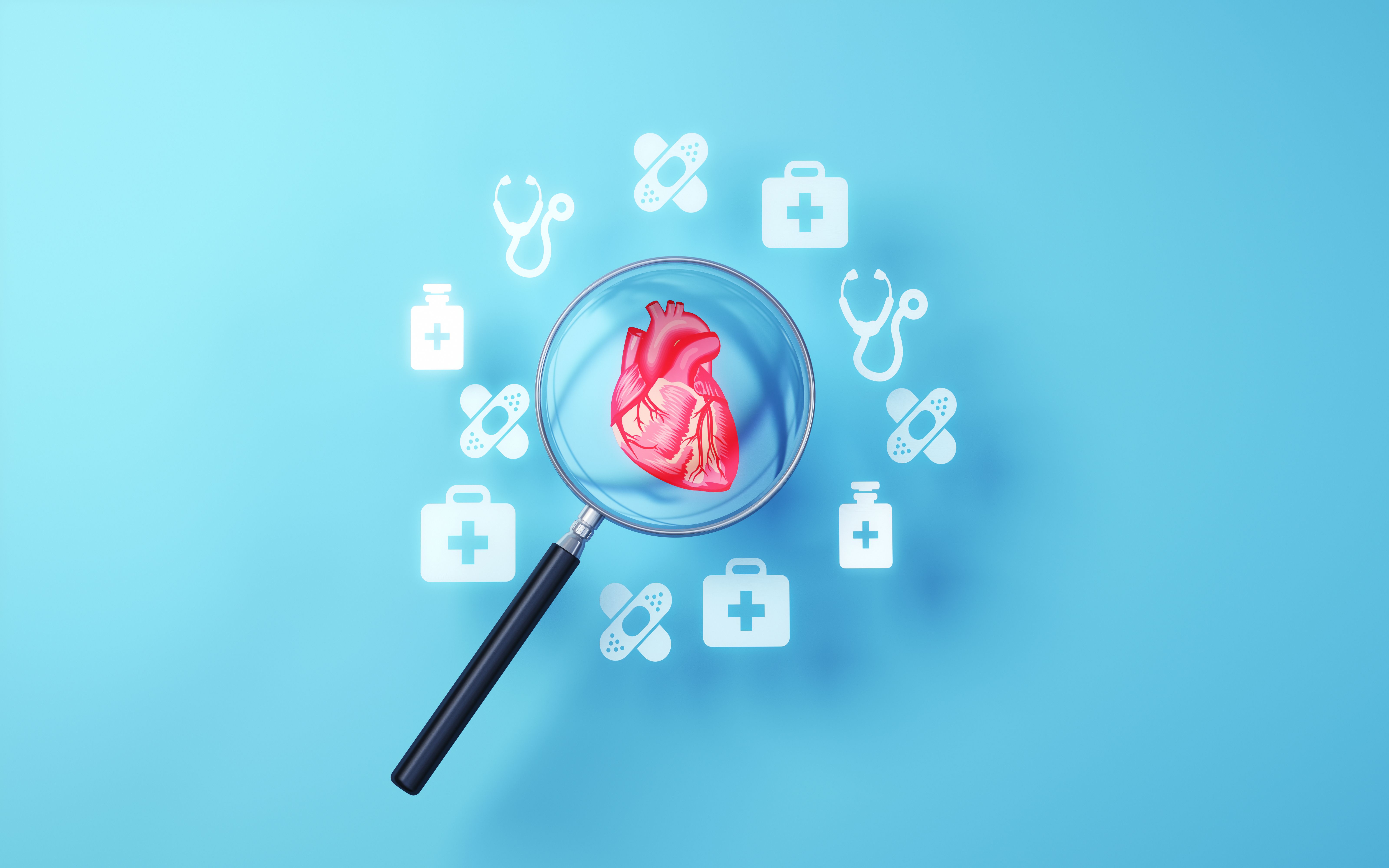 Heart Health Care Concept selected with Medical Medical Icons and metallic magnifying glass on soft blue background Heart Health Care Concept selected with Medical Medical Icons and metallic magnifying glass on soft blue background