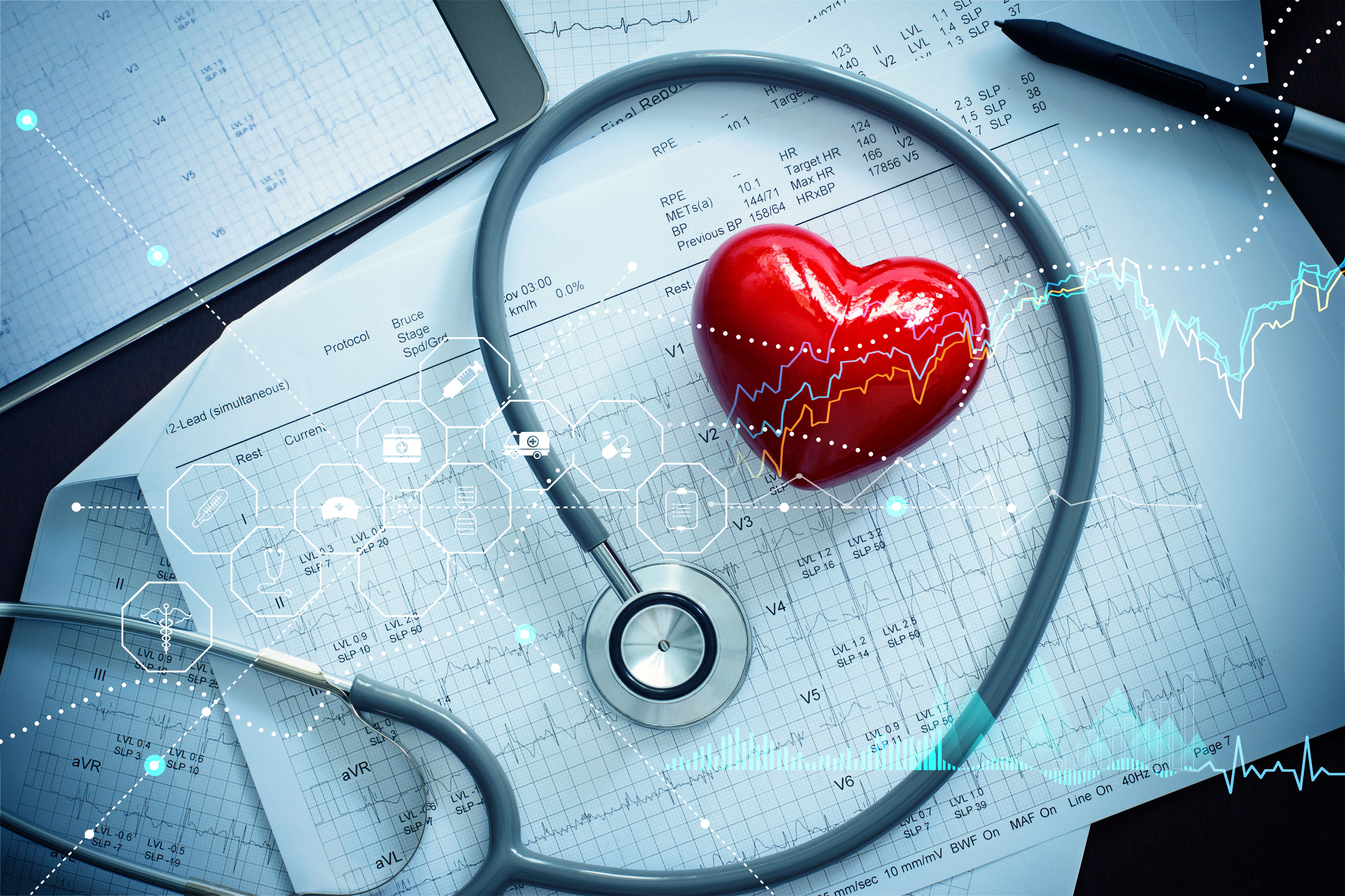 Red heart shape with stethoscope and patient heartbeat report and Healthcare business data graph growth, Cardiologist, Medical investment and Medicine business. Red heart shape with stethoscope and patient heartbeat report and Healthcare business data graph growth, Cardiologist, Medical investment and Medicine business.