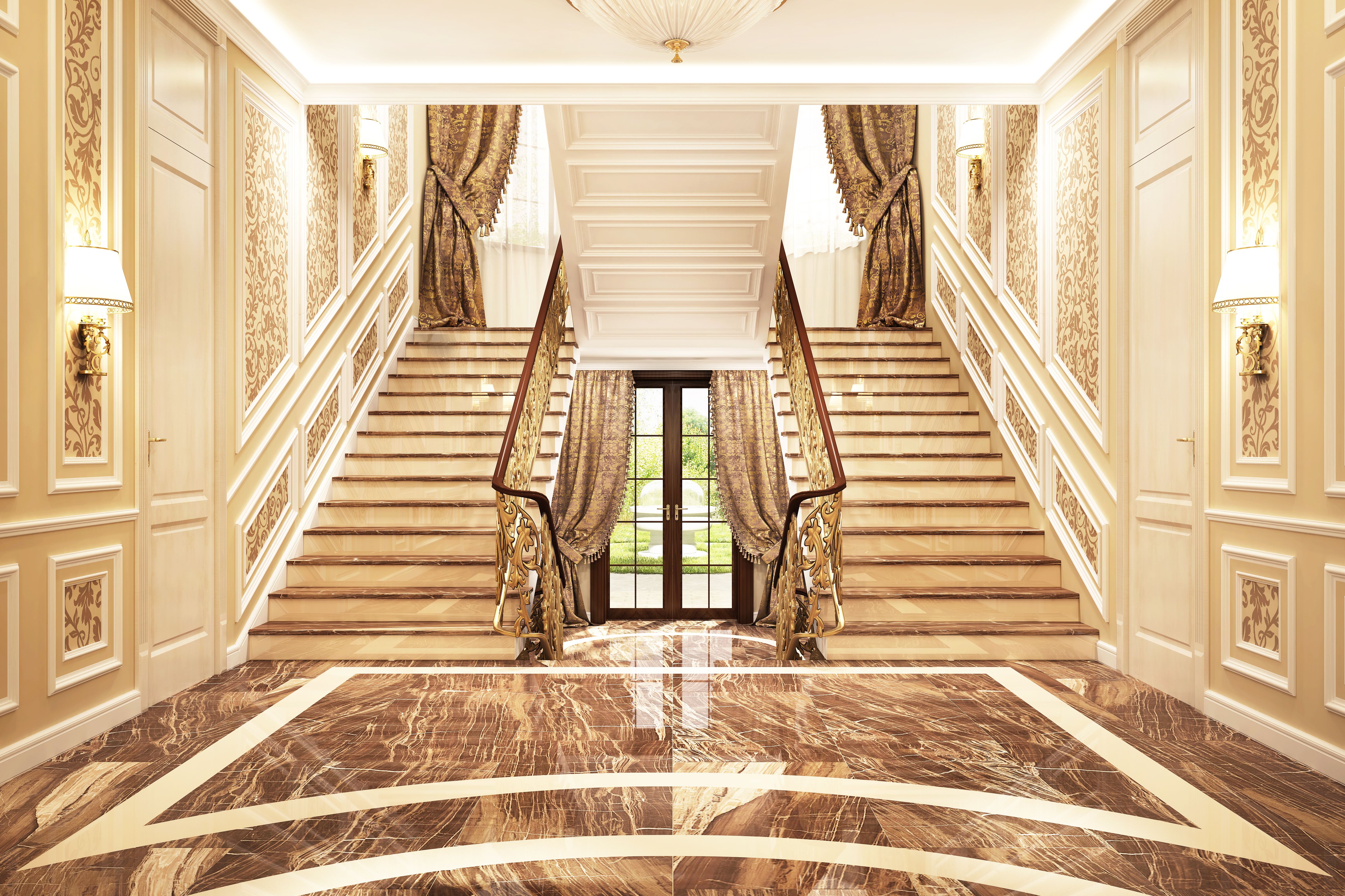 Luxurious interior design of the hall in a big house