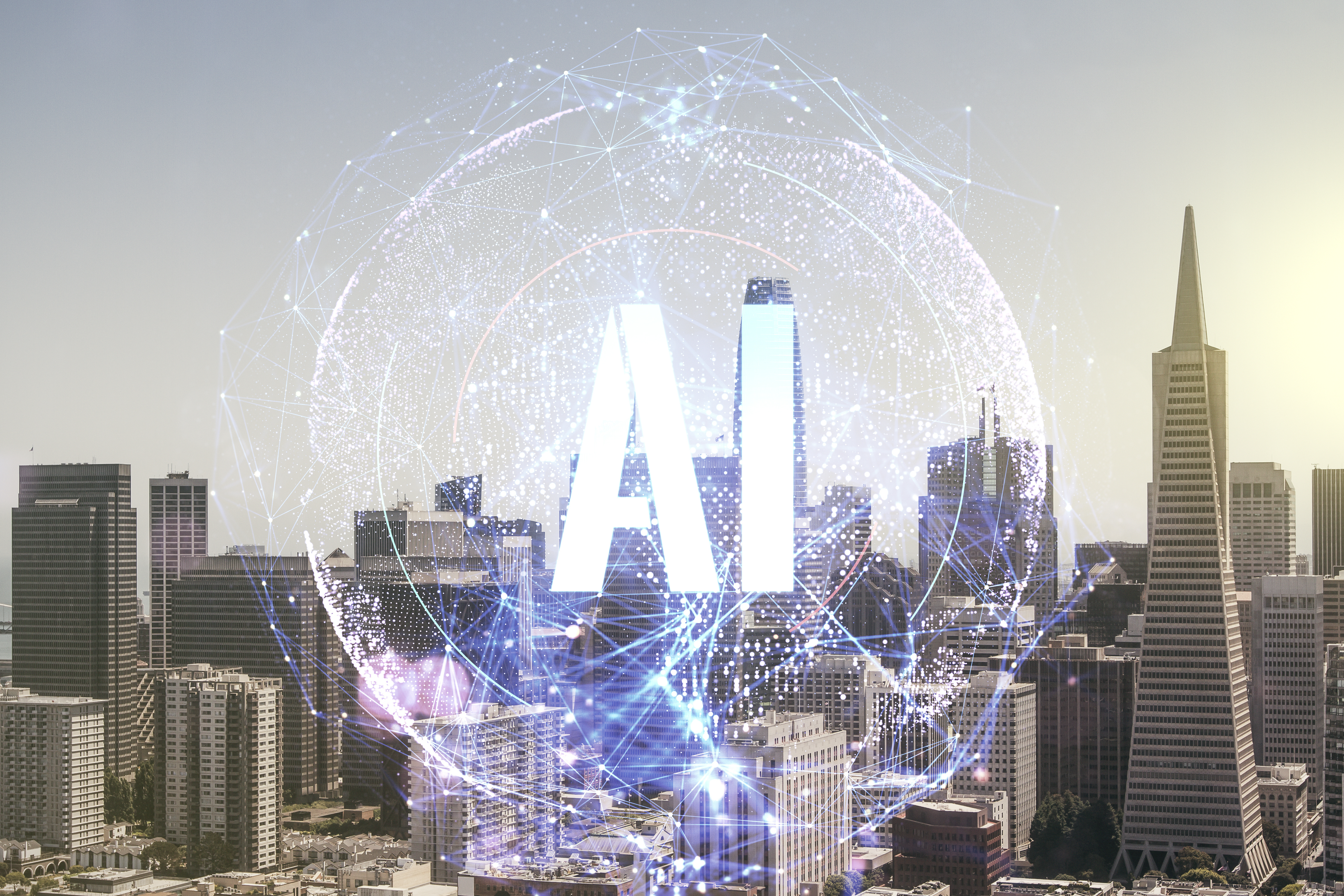 Creative artificial Intelligence symbol hologram on San Francisco cityscape background. Double exposure
