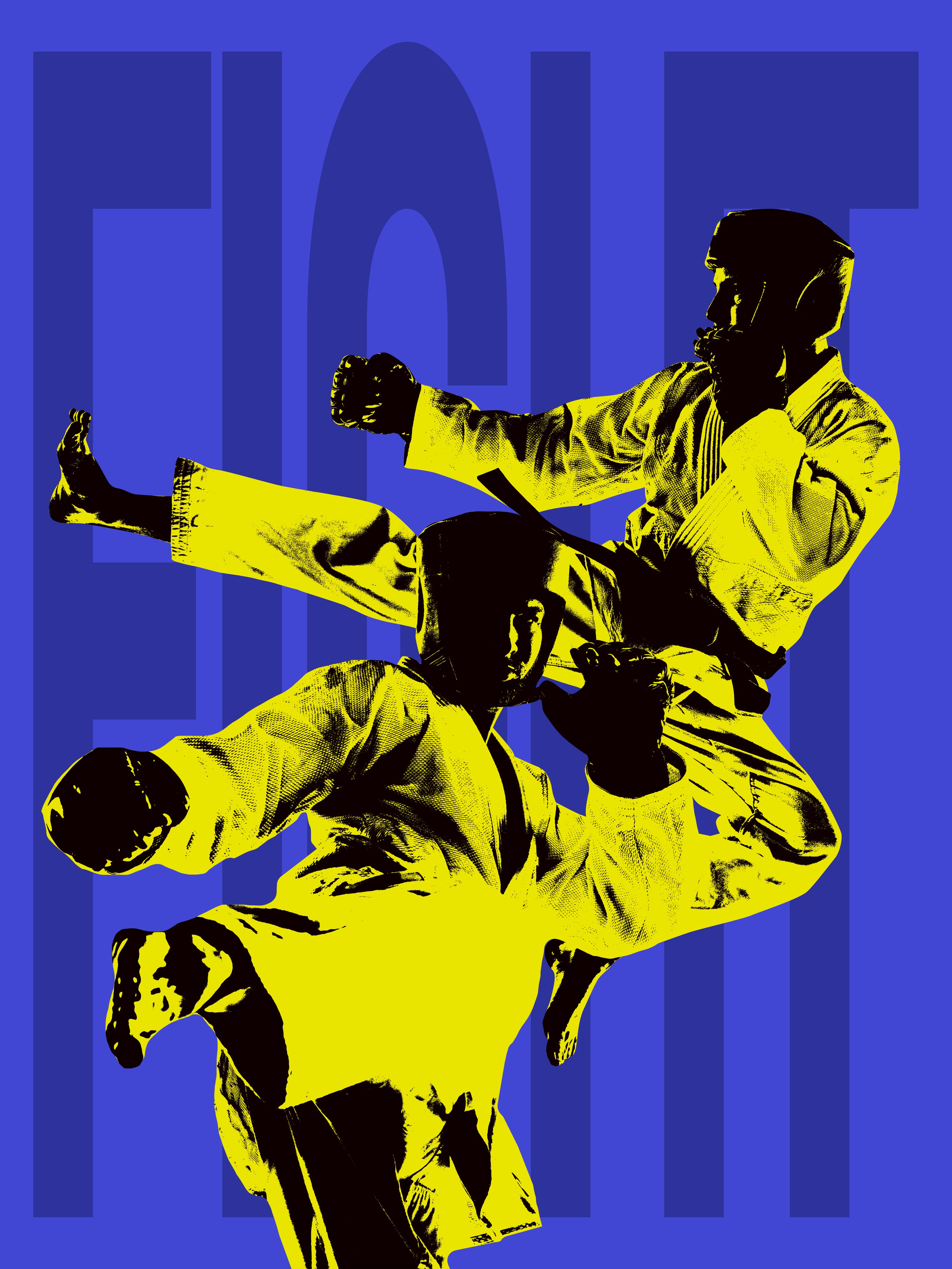 Creative collage with male mma fighter training isolated over blue background with lettering. Poster graphics. Concept of sport, action, art, creativity