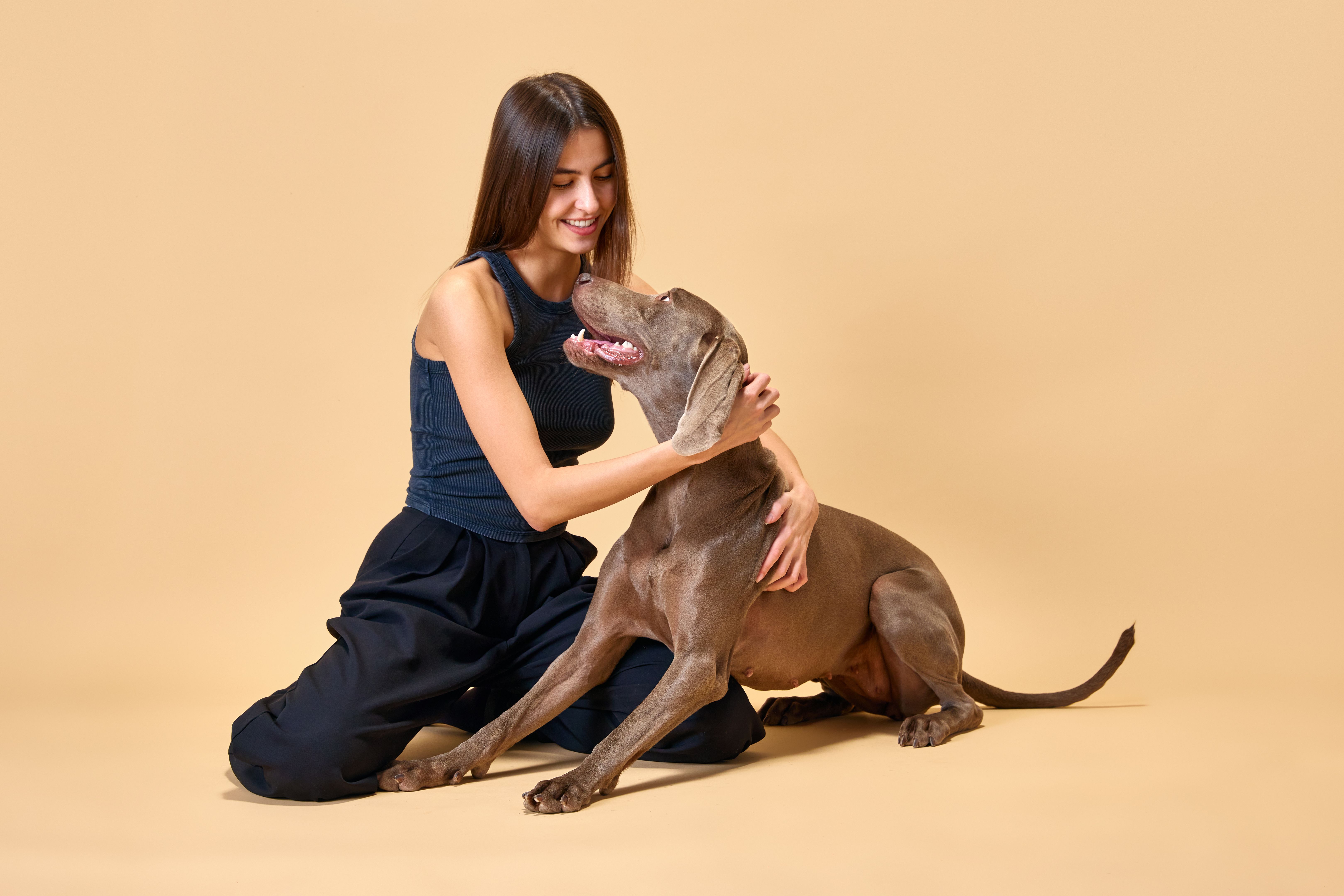Look of love and tenderness. Young brunette woman sitting on floor and hugs with her favorite pet against beige studio background. Look of love and tenderness. Young brunette woman sitting on floor and hugs with her favorite pet against beige studio background.