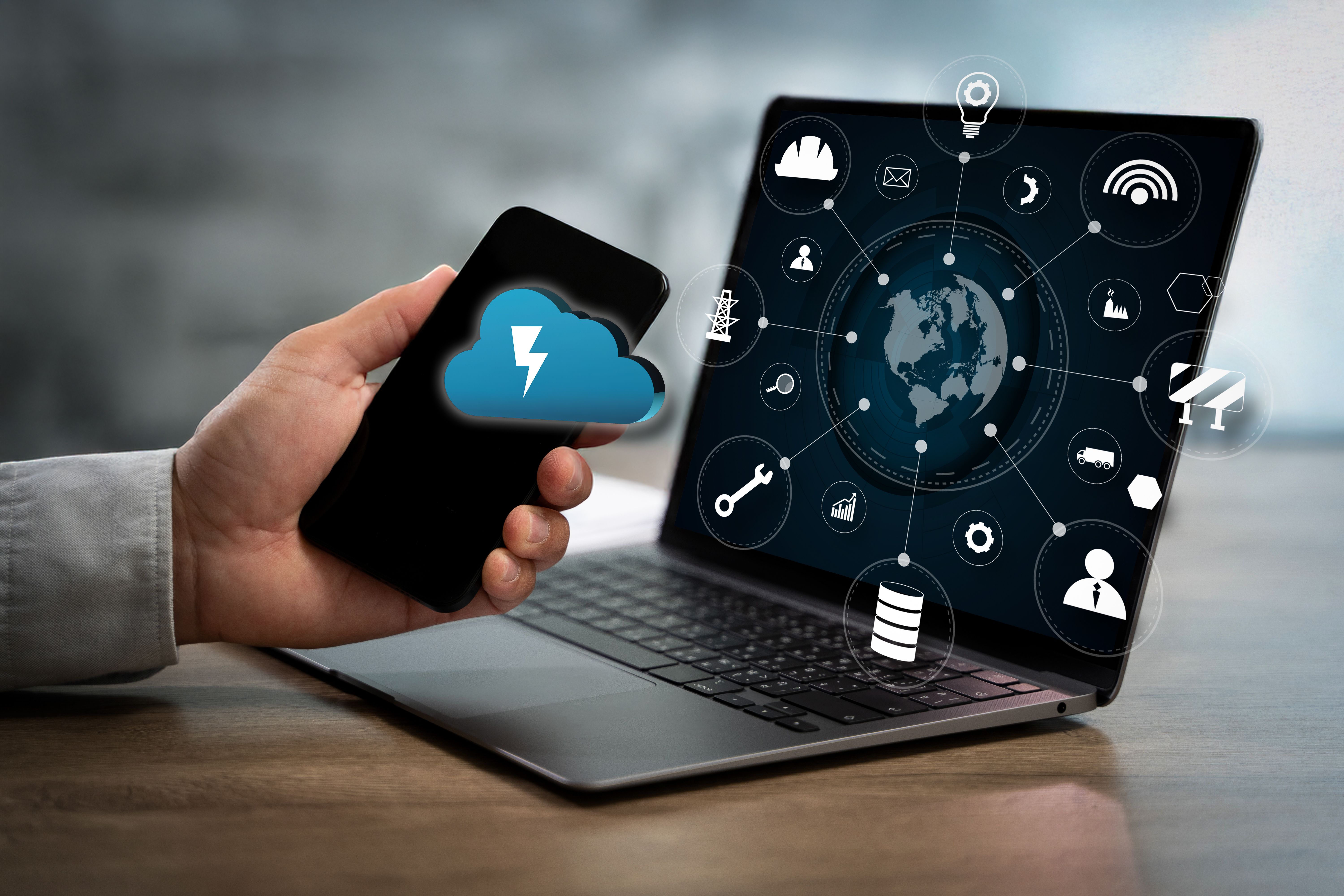 electric powre IndustryEnergy and Smart Grid Technology cloud with CO2 on it. A tablet with a blue screen