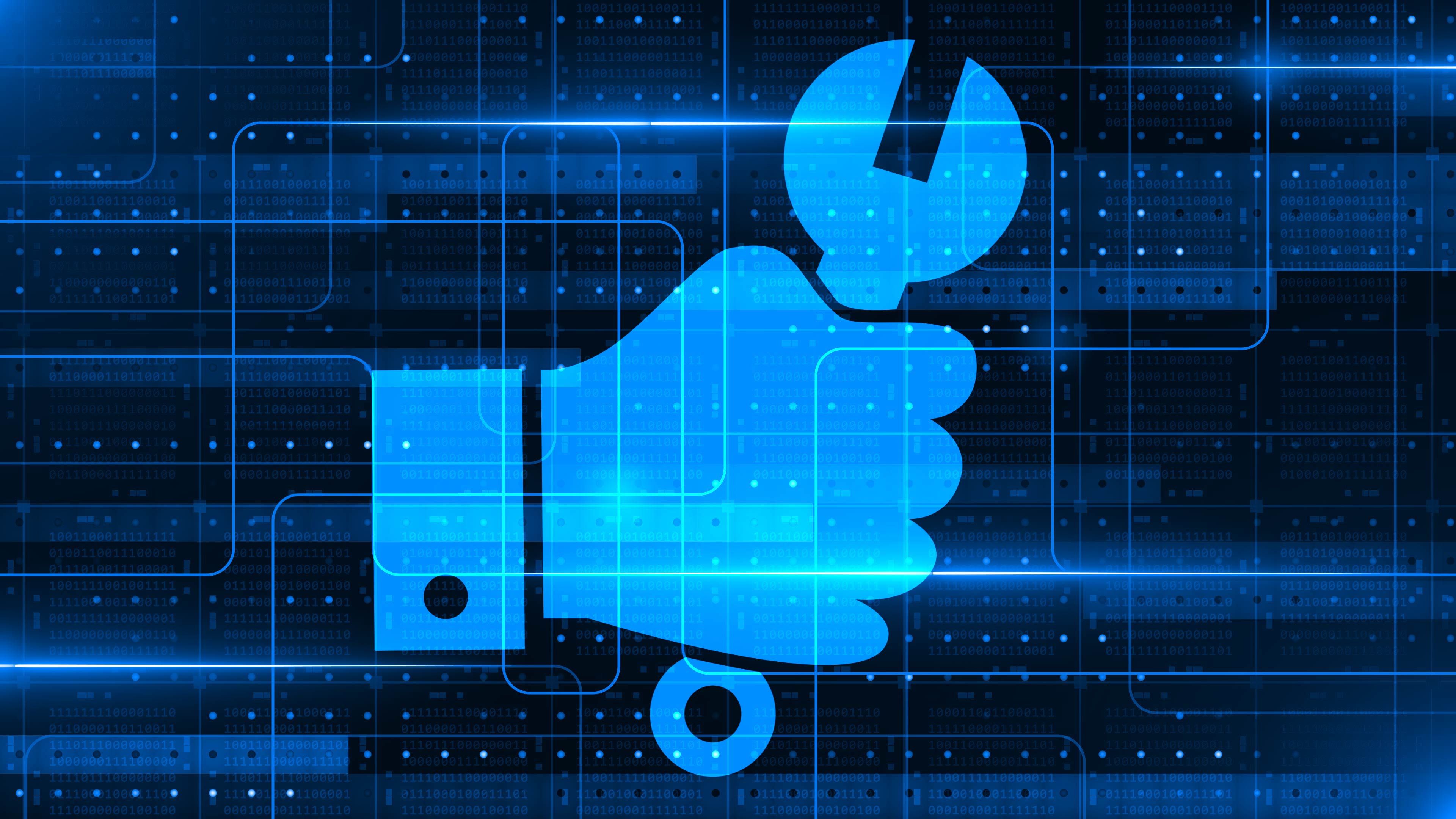 Hand with wrench in blue design on graphic elements over blocks of binary code arranged as a square grid