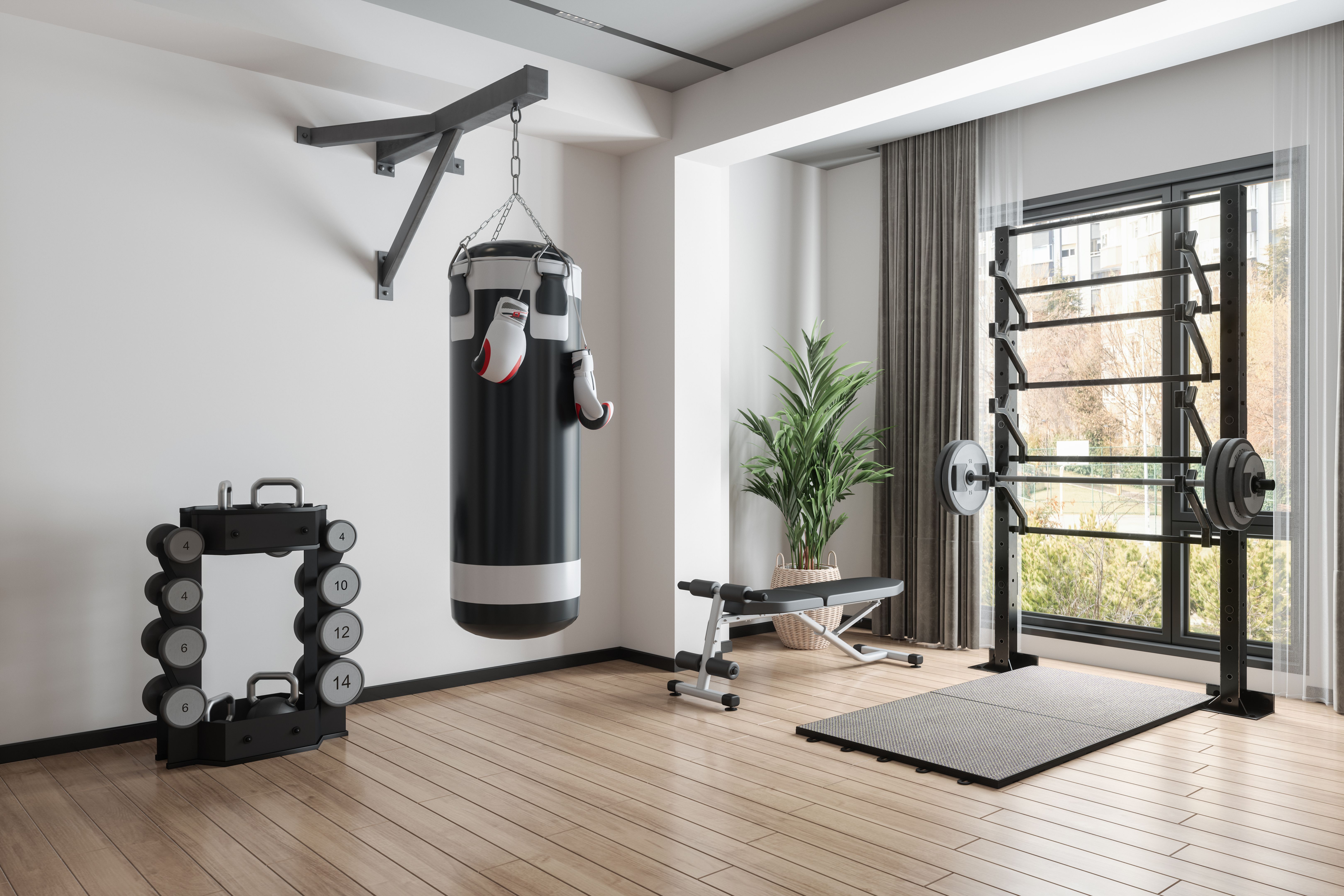 Home Gym With Barbell, Dumbbells, Boxing Bag And Other Sports Equipments