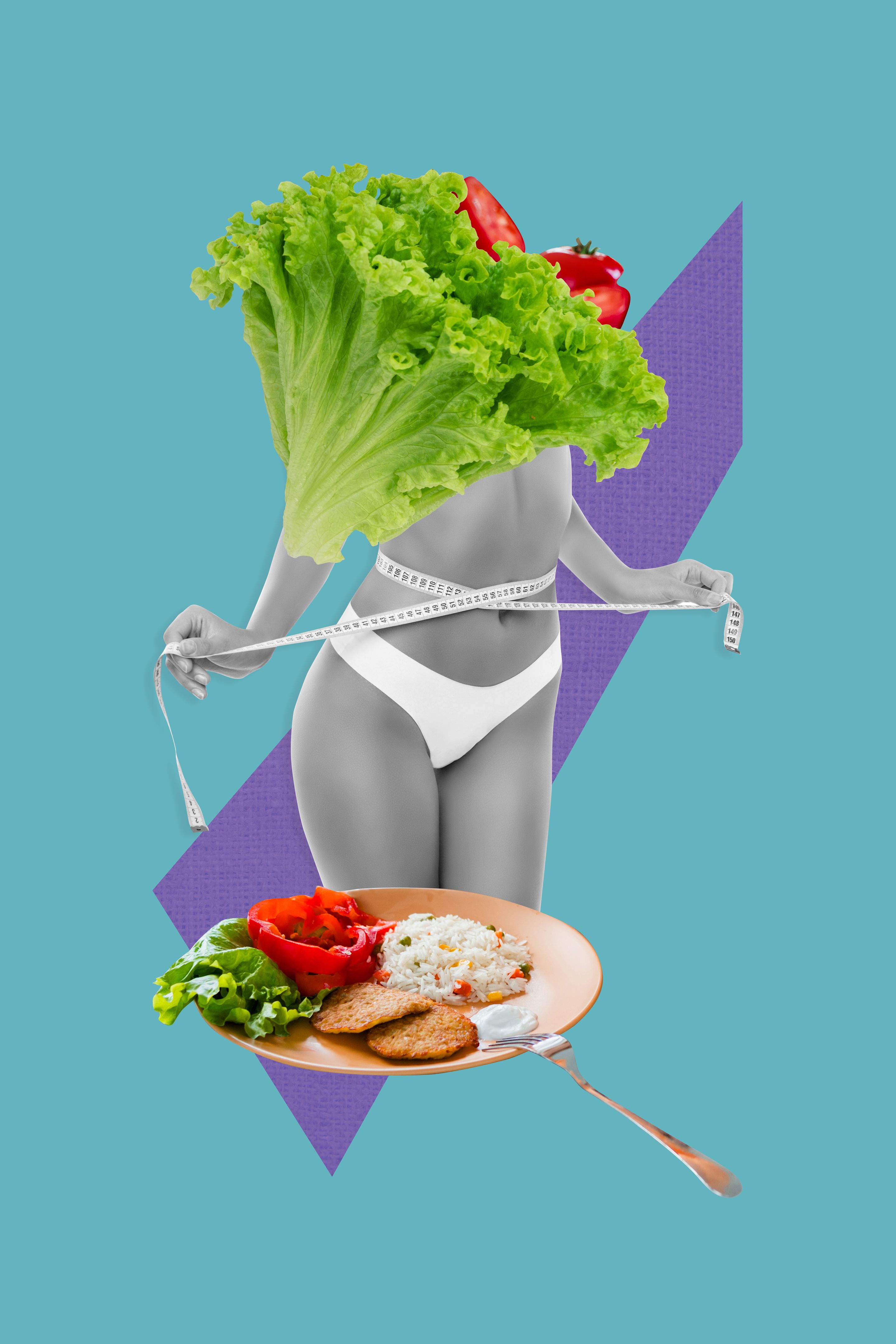 Creative vertical collage young sexy body underwear woman measure figure bodycare slimming healthy vegan food calories breakfast plate
