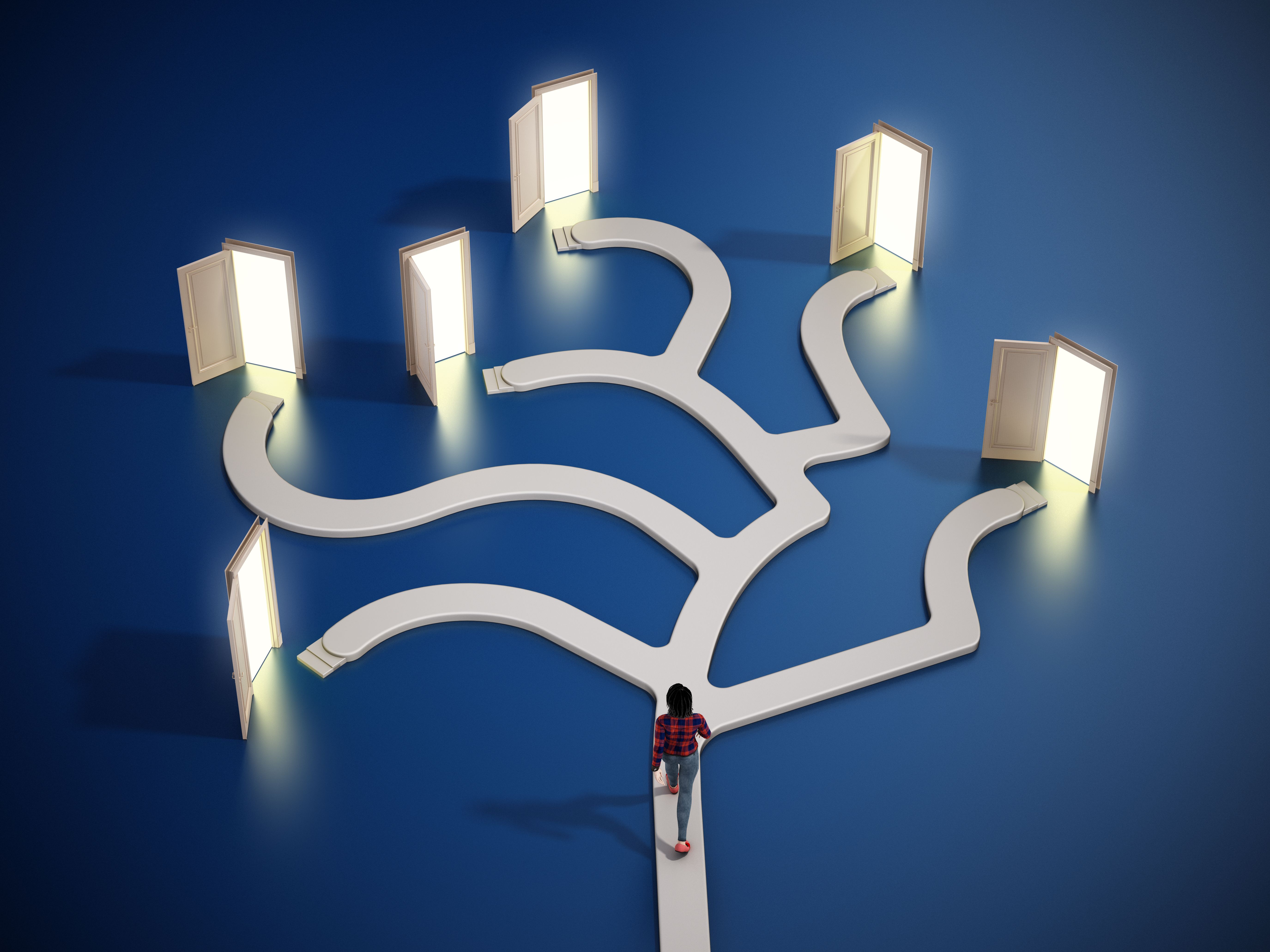 3D character walking on the road leading to many different paths with open doors. Decisions concept 3D character walking on the road leading to many different paths with open doors. Decisions concept