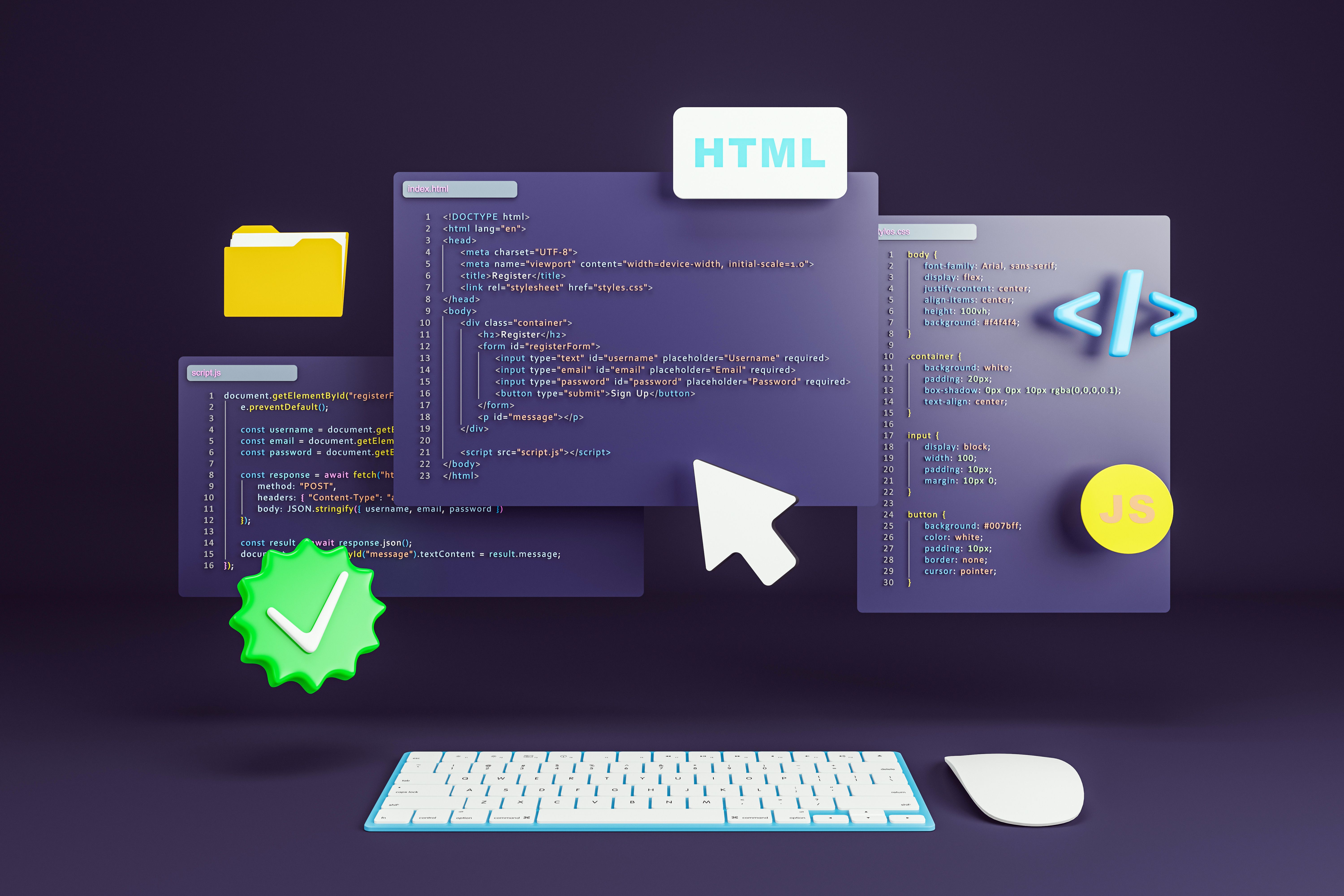 Floating programming code interface with HTML, CSS, JS elements and UI symbols on dark background for web development and online learning concept. 3D Rendering
