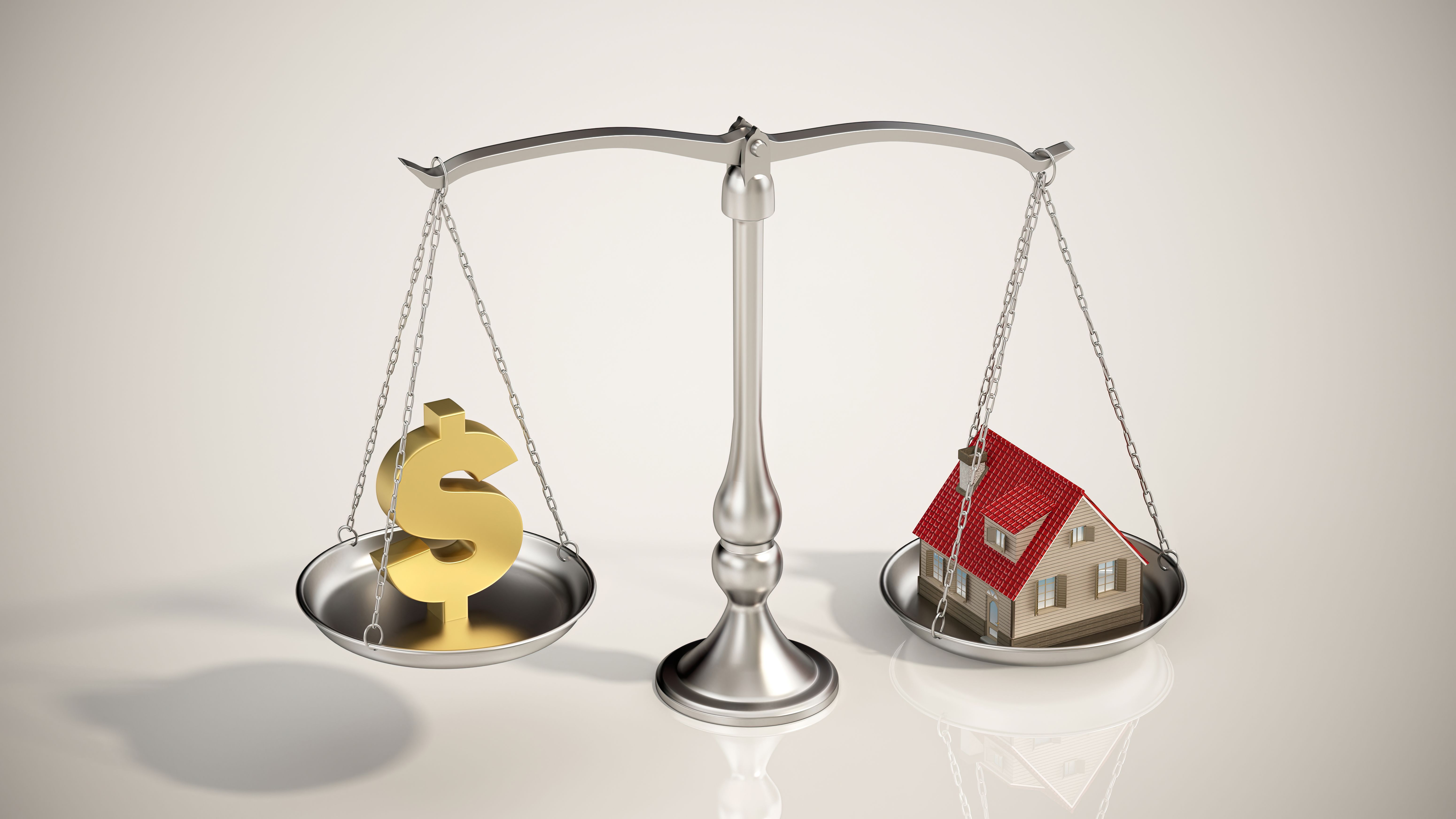 A gold dollar sign and a small house model are placed on opposite sides of a balance scale where house weighs more than the dollar. House Investment Concept. A gold dollar sign and a small house model are placed on opposite sides of a balance scale where house weighs more than the dollar. House Investment Concept.