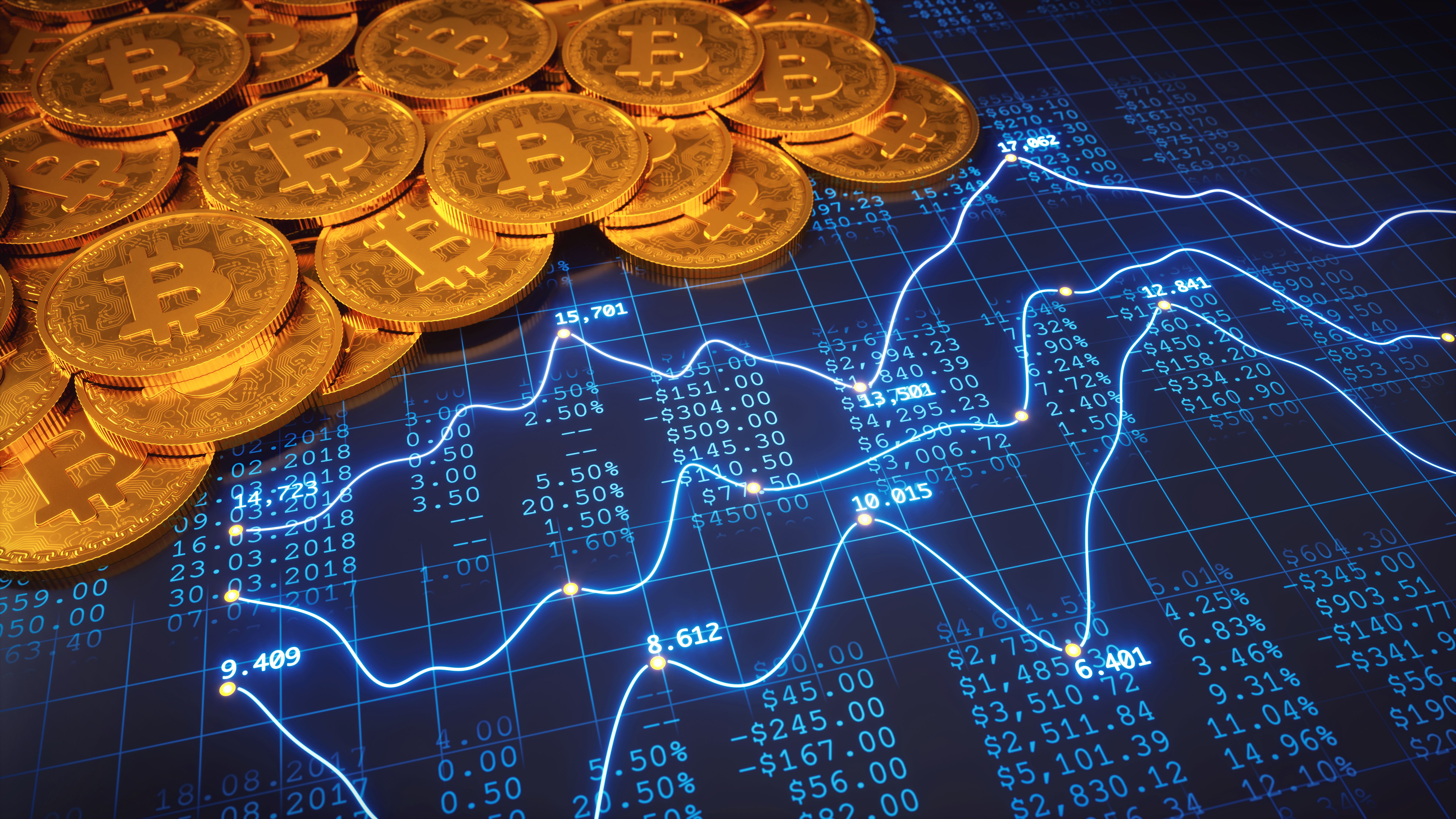 Bitcoin gold coins with digital graph