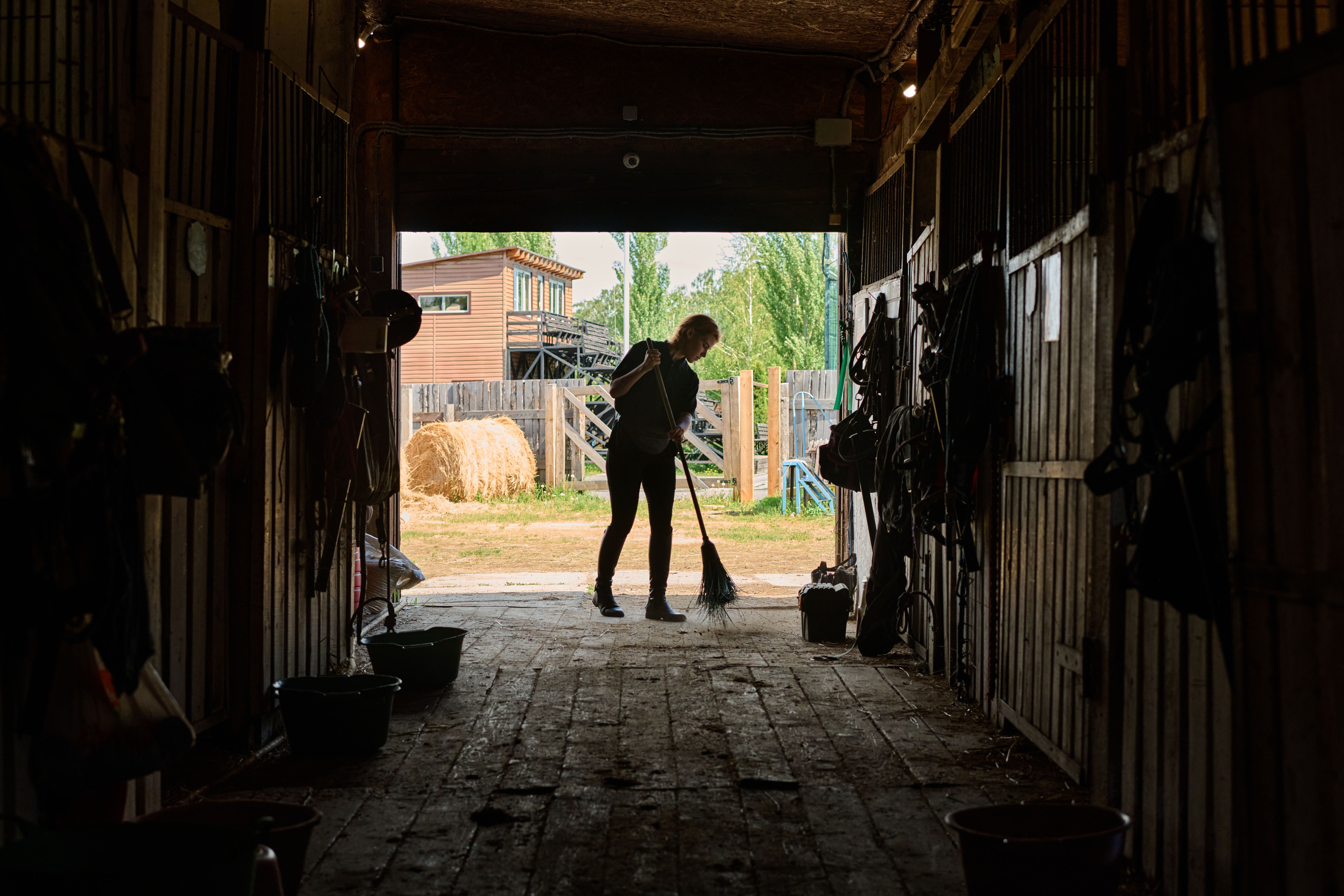 Person Sweeping Barn Floor at Horse Stable Person Sweeping Barn Floor at Horse Stable