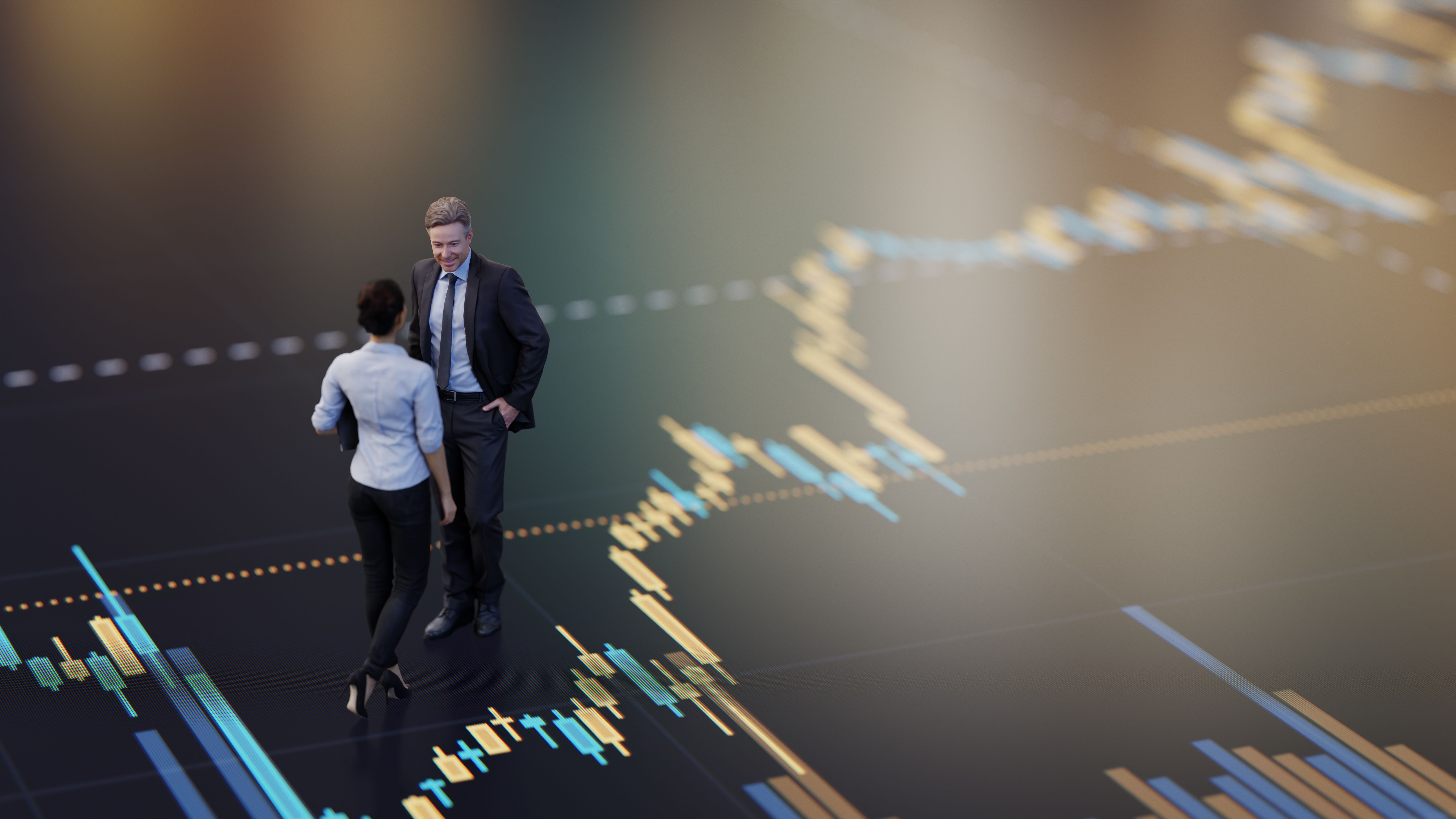 Two Professionals Discussing Business on Digital Financial Data Background
