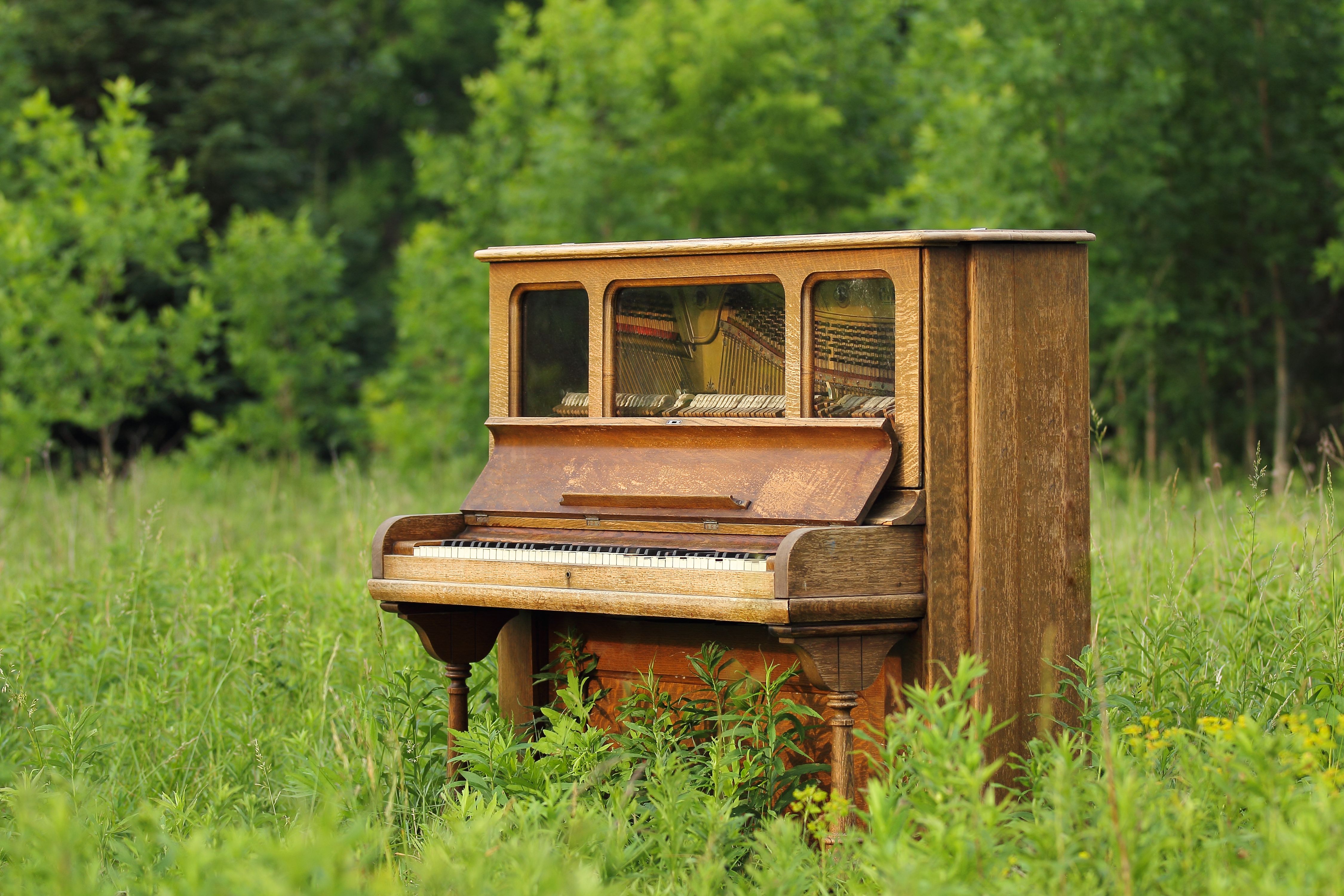 Old Upright Piano Seen Abandoned in a Green Field Old Upright Piano Seen Abandoned in a Green Field