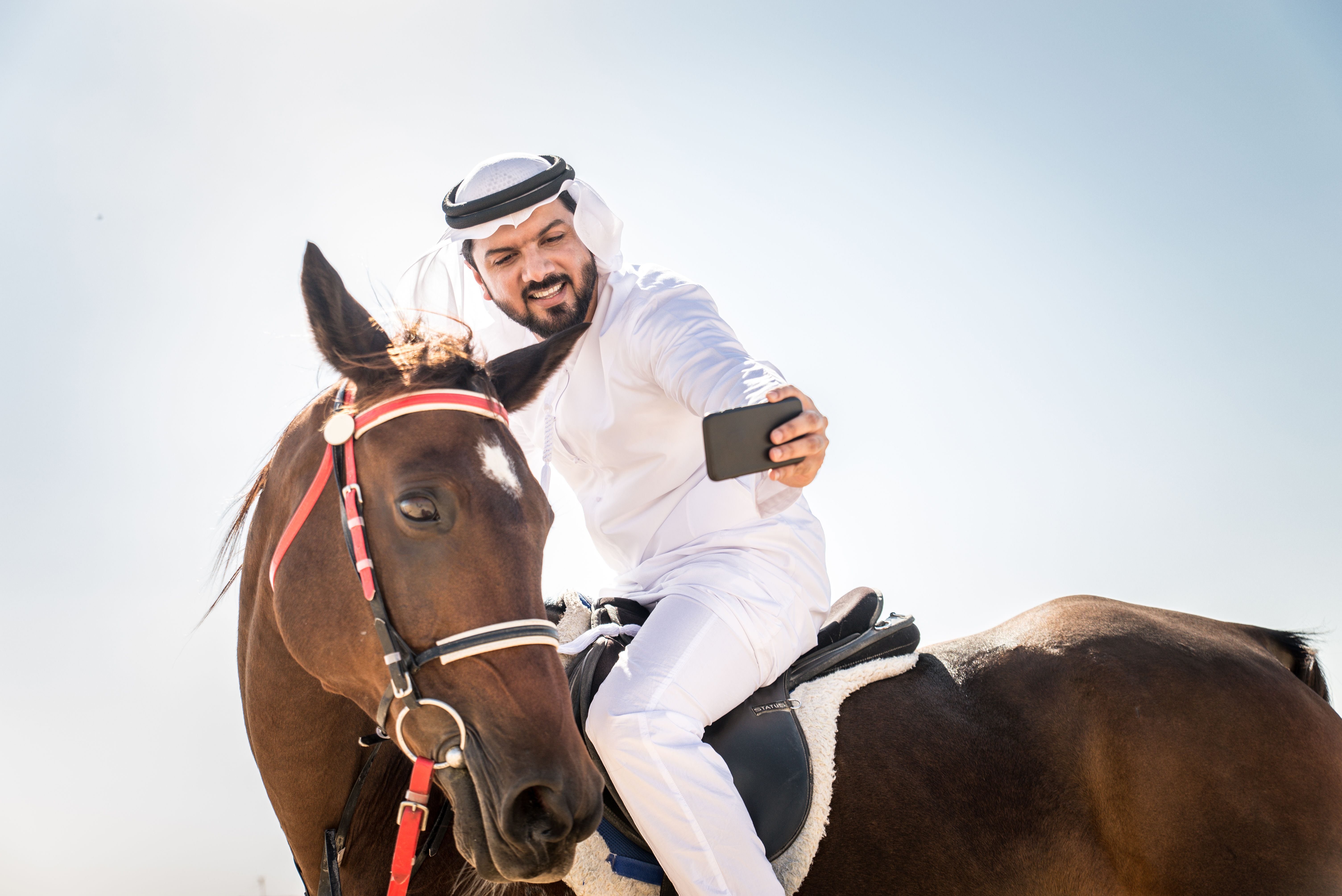 Arabian man with horse in the desert