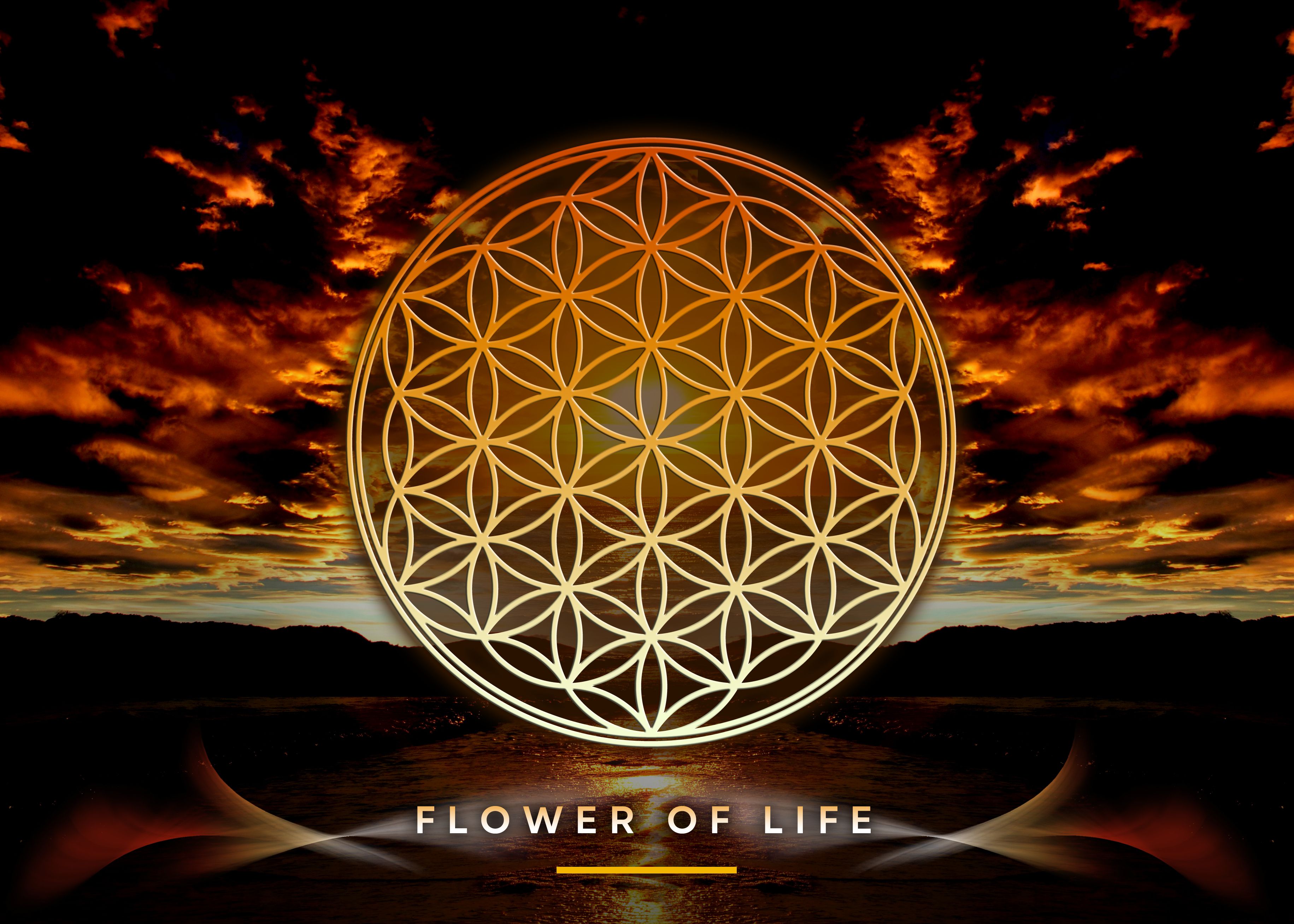 Poster, Wallpaper with Flower Of Life in beautiful, mystical nature landscape (clouds, ocean)
