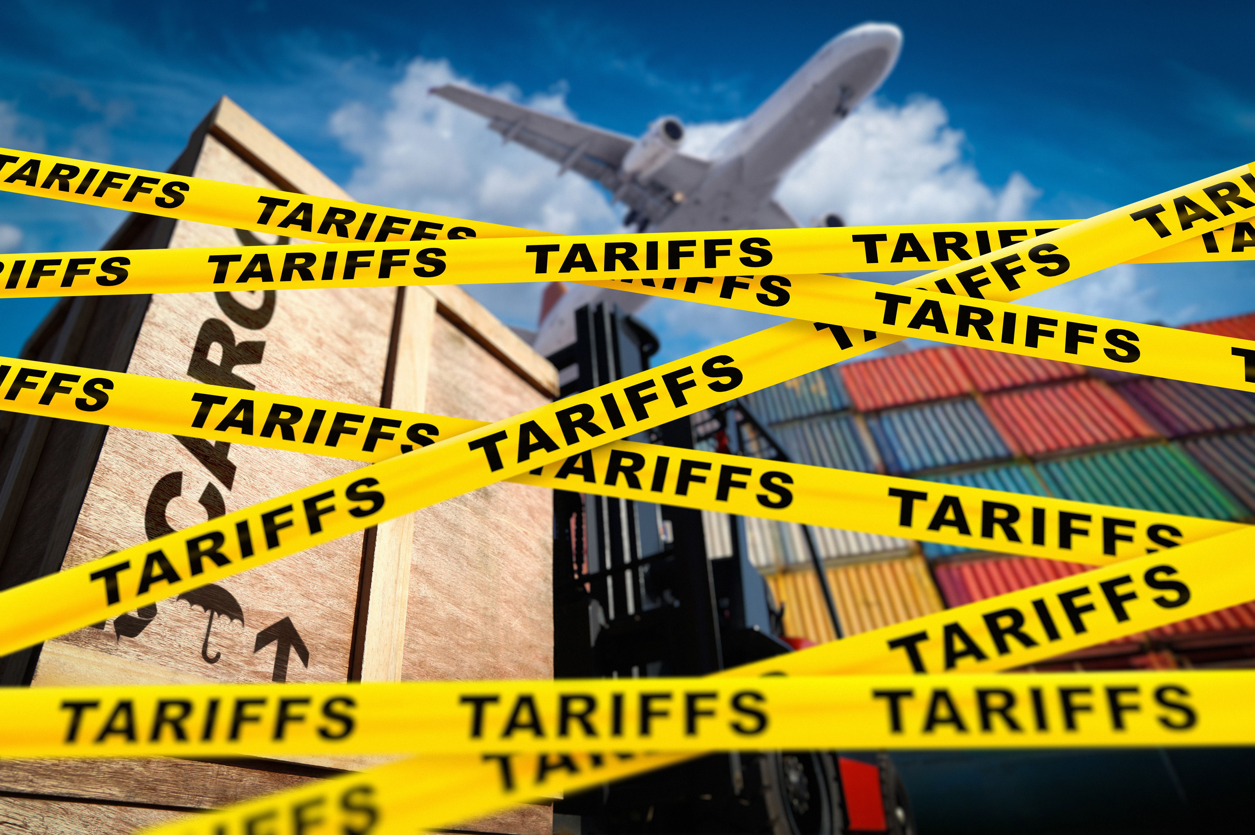 Cargo blocked by tariffs tapes, representing trade barriers and international commerce challenges Cargo blocked by tariffs tapes, representing trade barriers and international commerce challenges