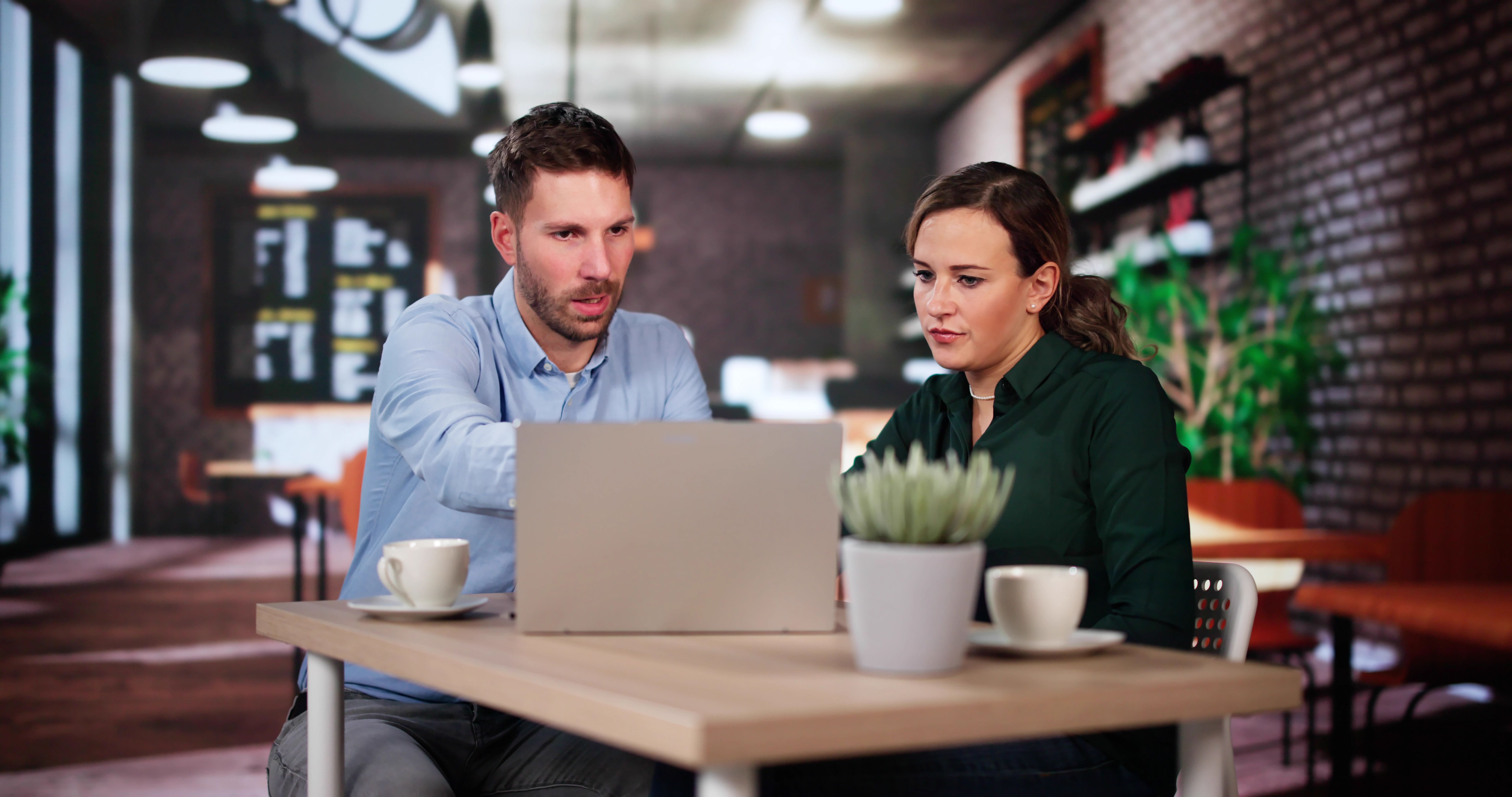 Coworkers Using Technology Lifestyle. Man And Woman Drinking Coffee
