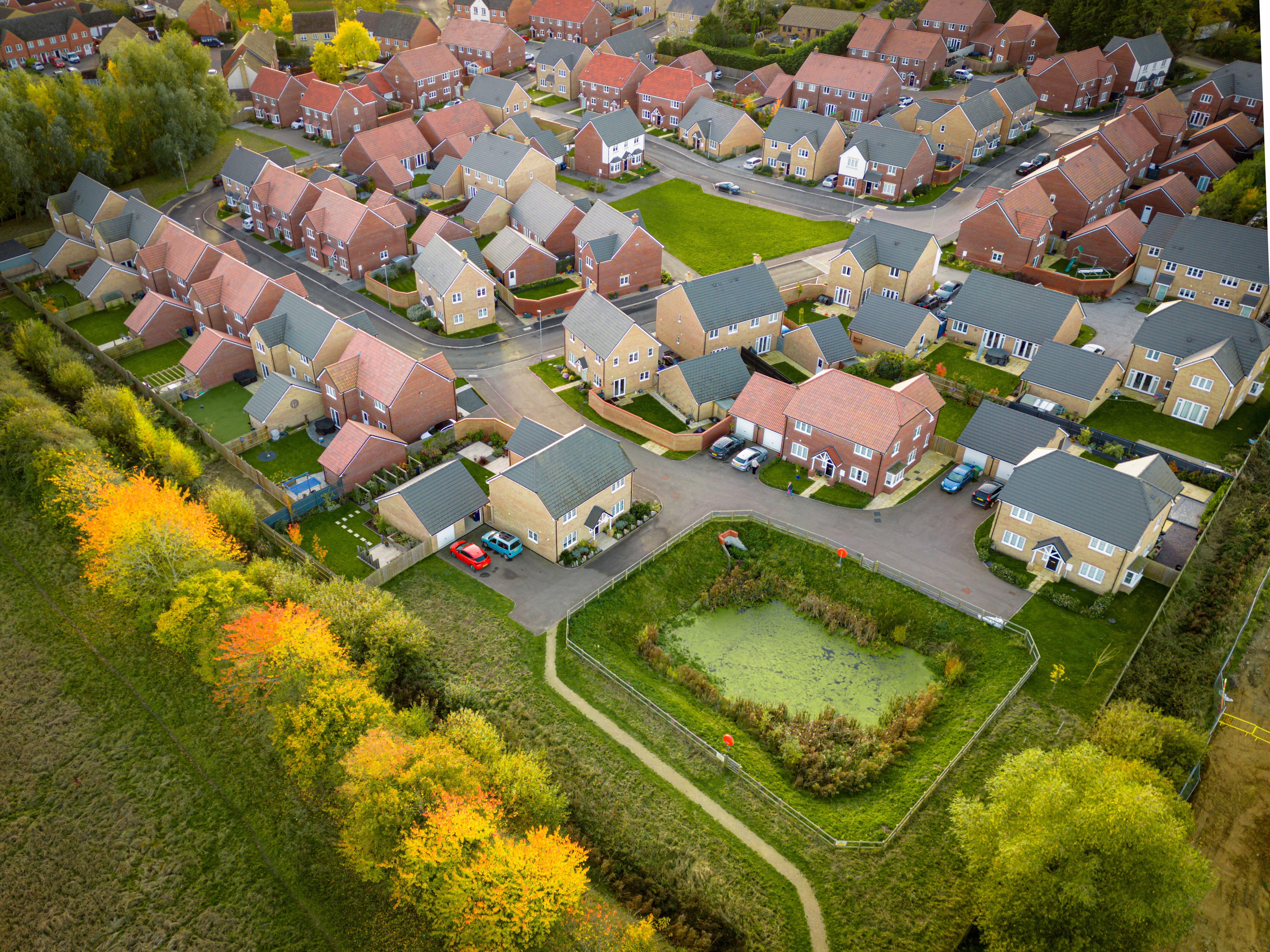 New housing estate seen during late autumn at the edge of an autumnal park.