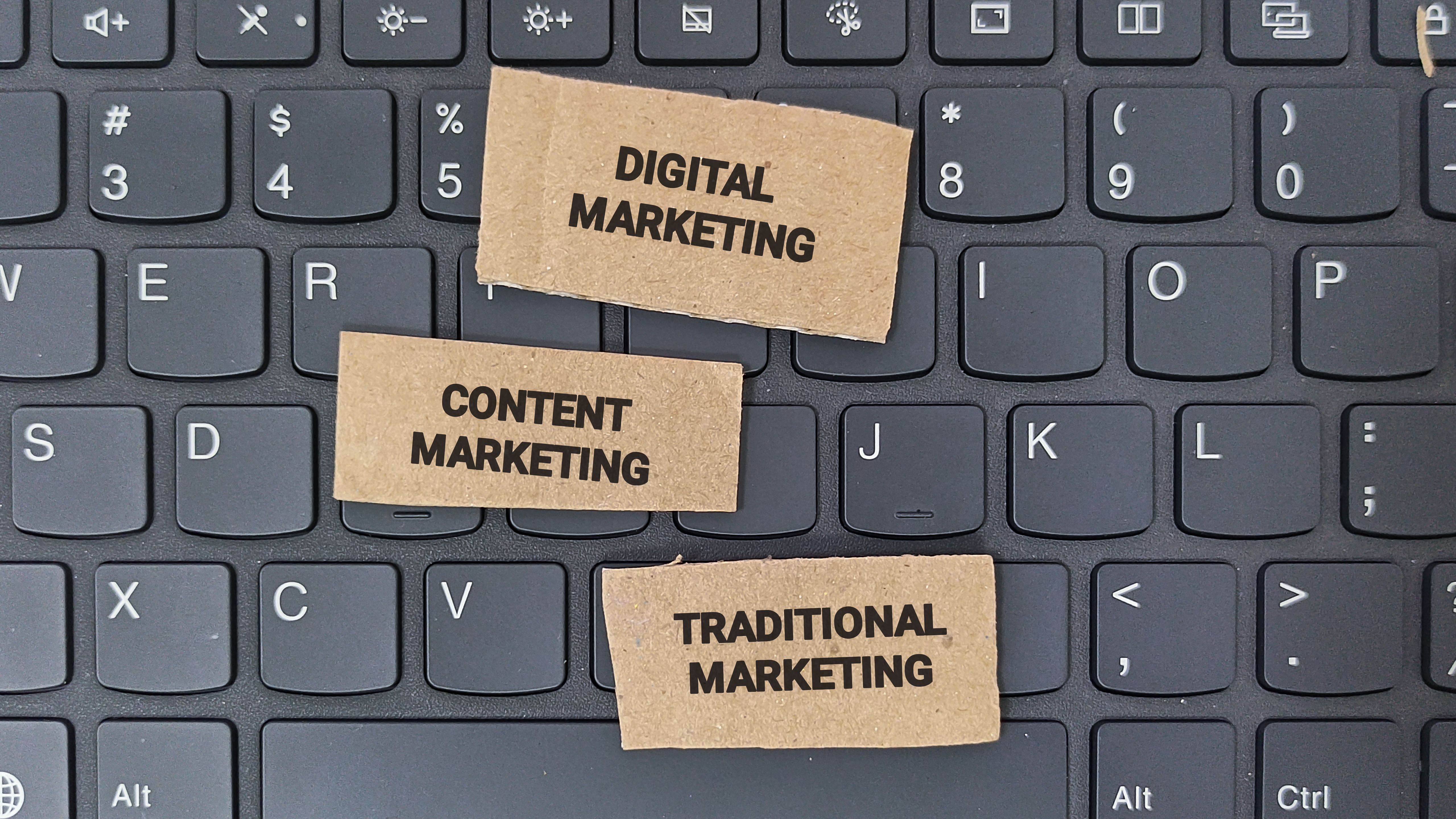 Marketing strategies on a computer keyboard with digital, content, traditional Marketing strategies on a computer keyboard with digital, content, traditional
