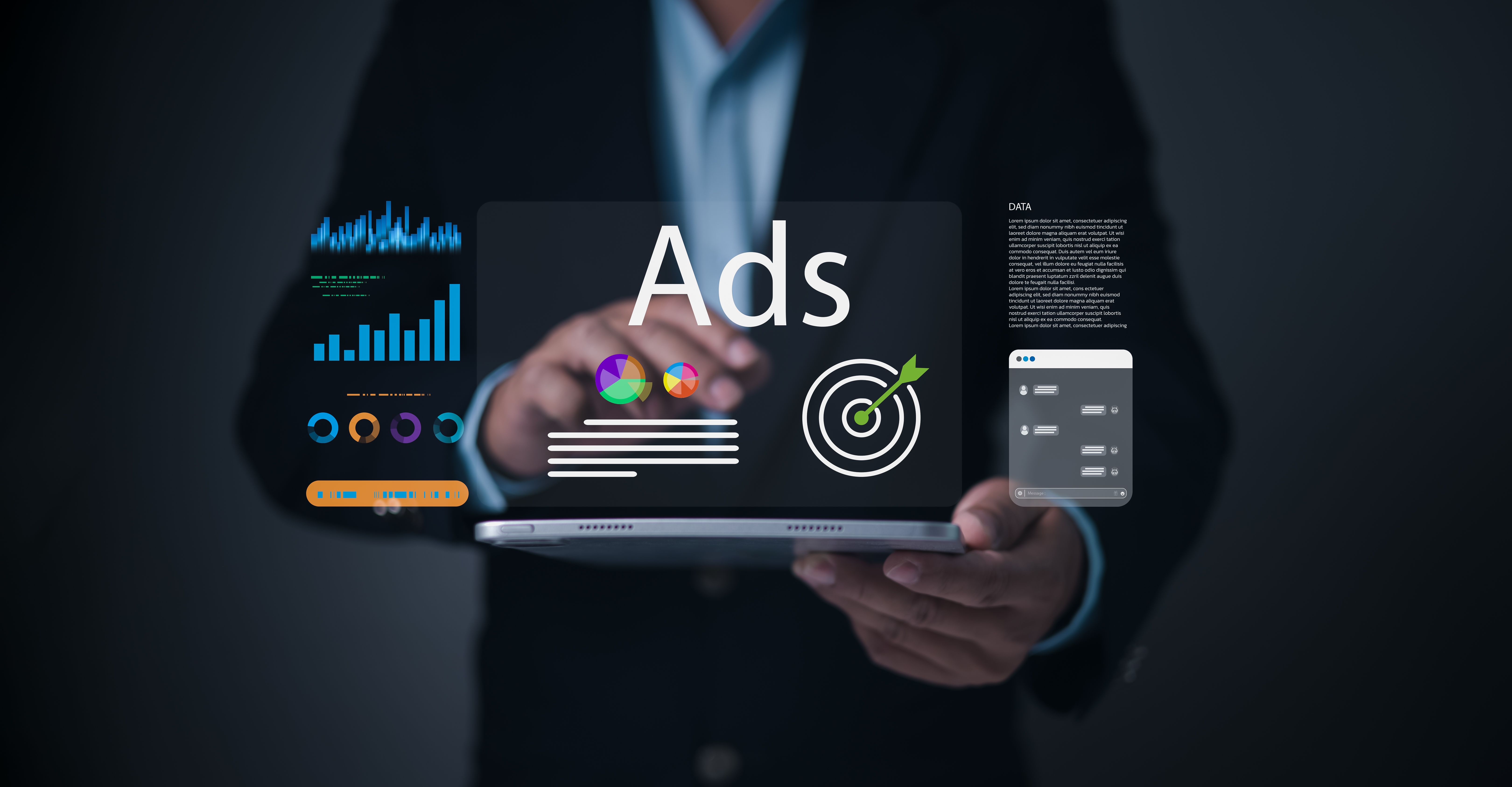A businessman interacts with a digital tablet displaying targeted ads, colorful marketing graphs, performance analytics, and advertising dashboard UI for digital marketing and online campaign strategy