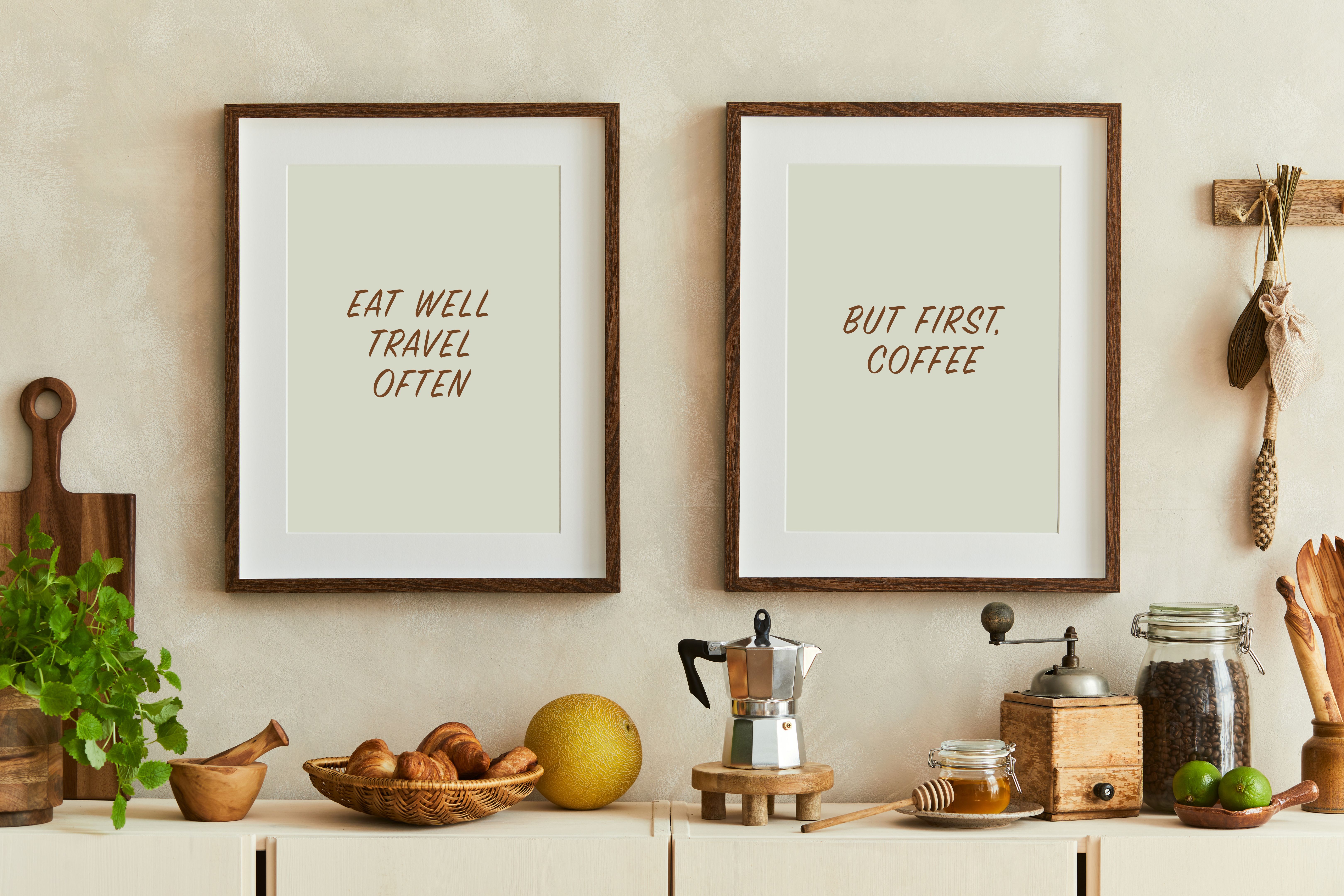 Stylish and modern kitchen interior composition with mock up poster frames, beige wooden sideboard, plants and retro inspired accessories. Template. Autumn vibes.