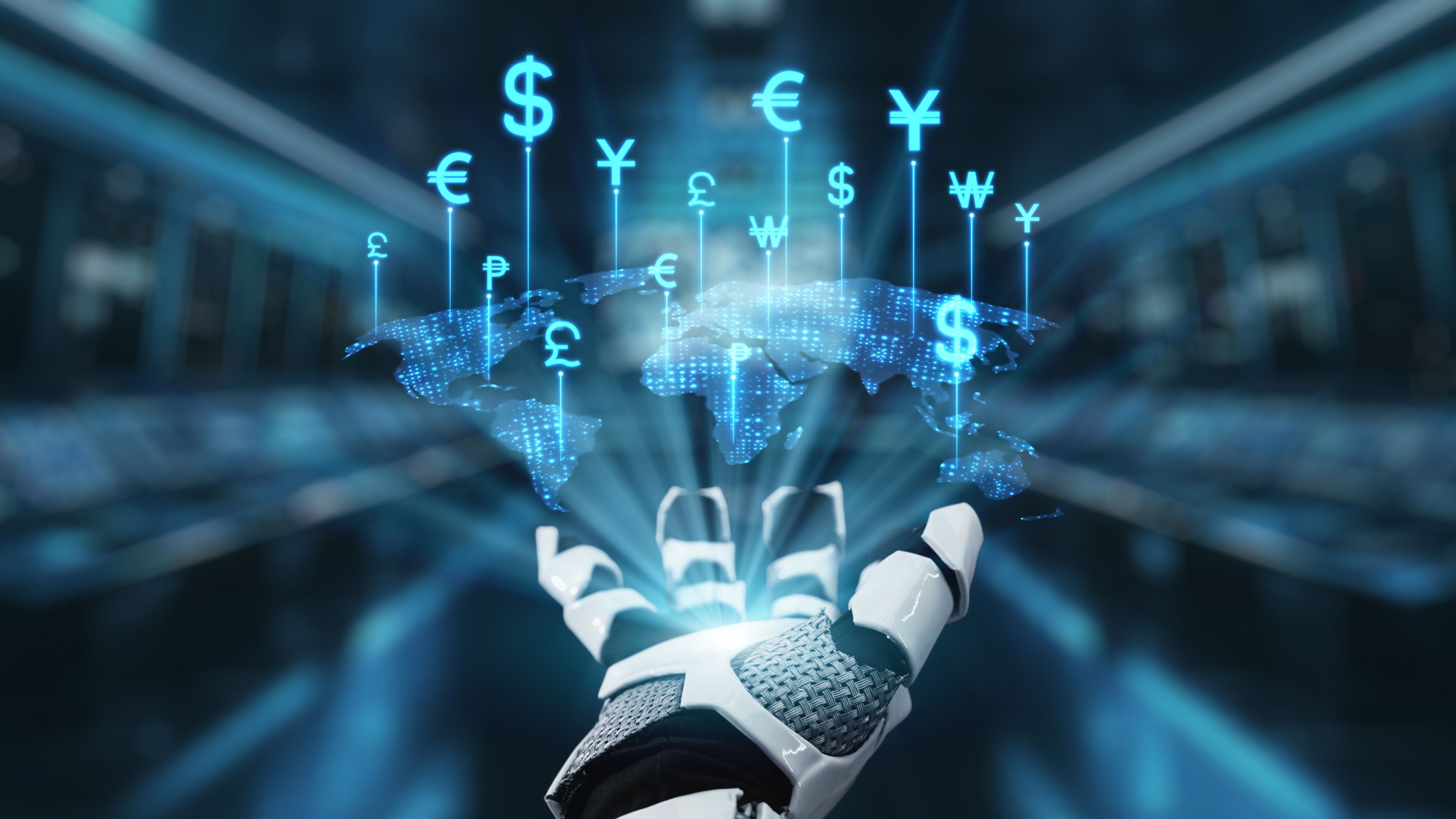 Futuristic robotic hand presenting glowing currency symbols representing global finance and economy with digital world map backdrop in a high-tech environment. Auvana Futuristic robotic hand presenting glowing currency symbols representing global finance and economy with digital world map backdrop in a high-tech environment. Auvana