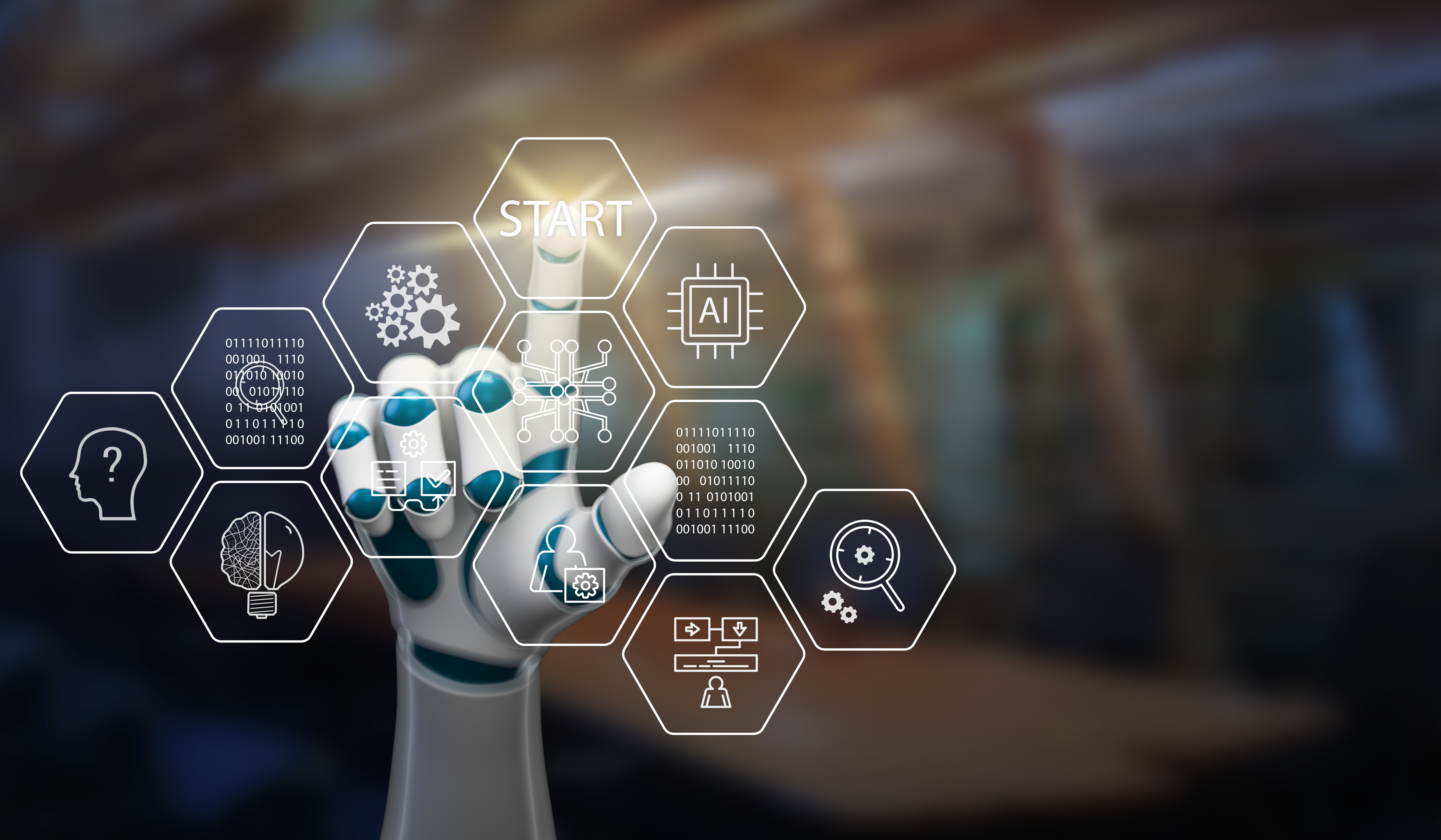 robot hand selecting a hexagon tile on an interface with the word START - 3d illustration