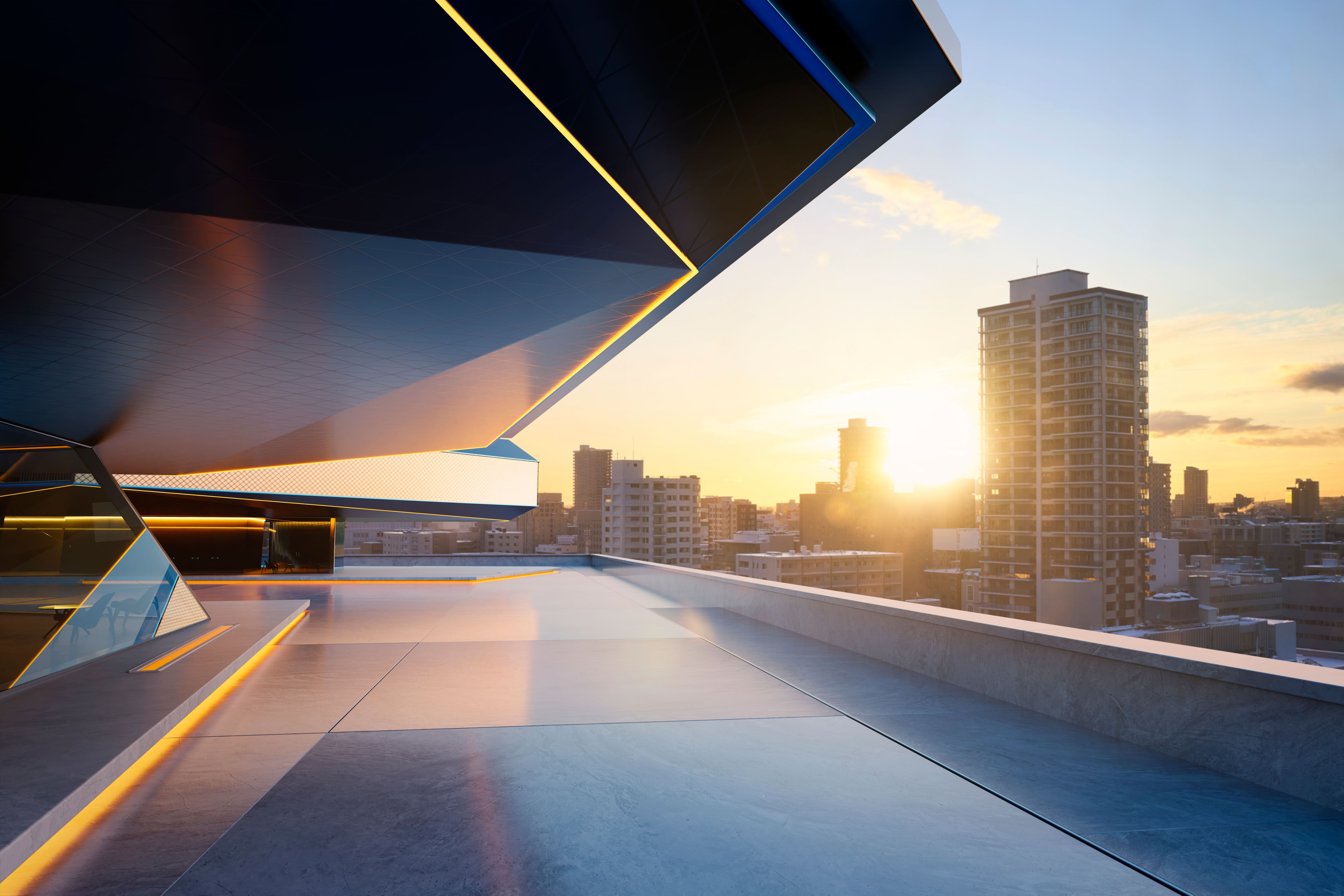 3d rendering of a futuristic building overlooking city at sunset with golden lighting