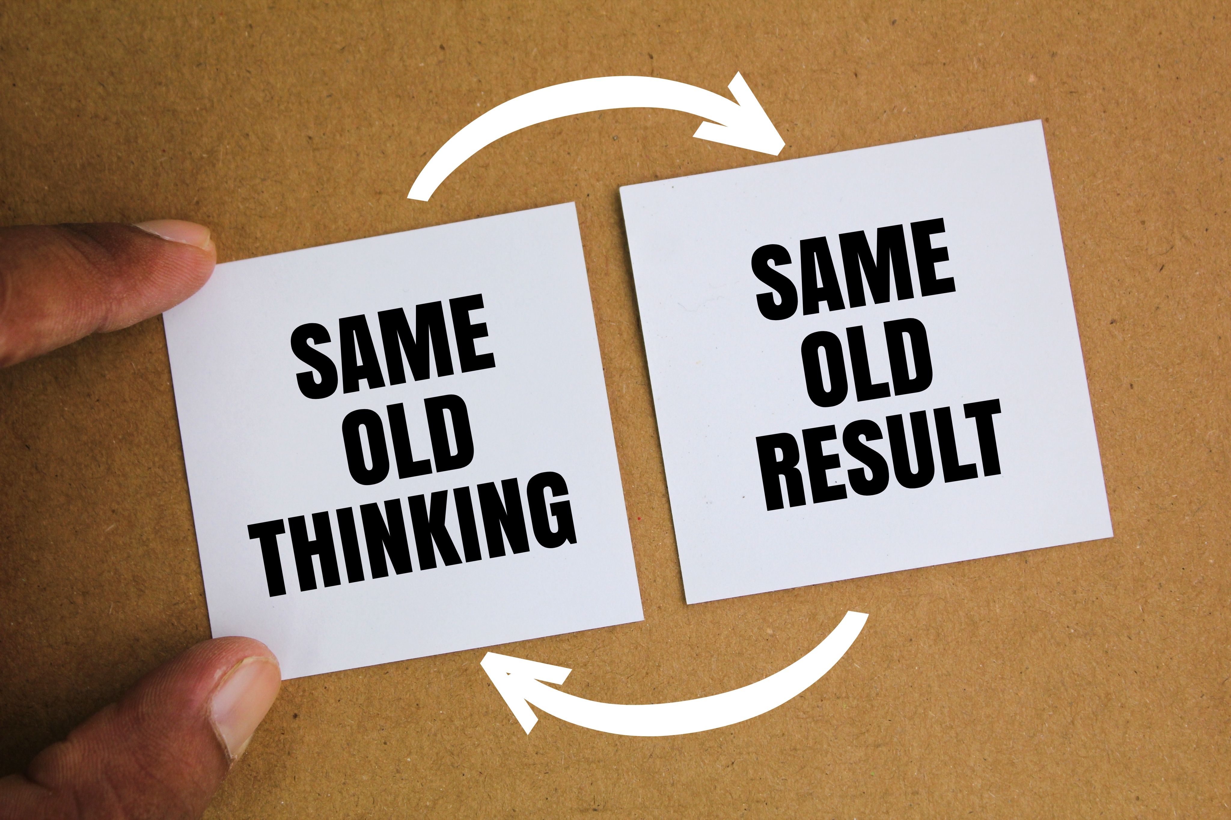 two white papers with the words same old thinking and same old result. the same old thinking and disappointing results