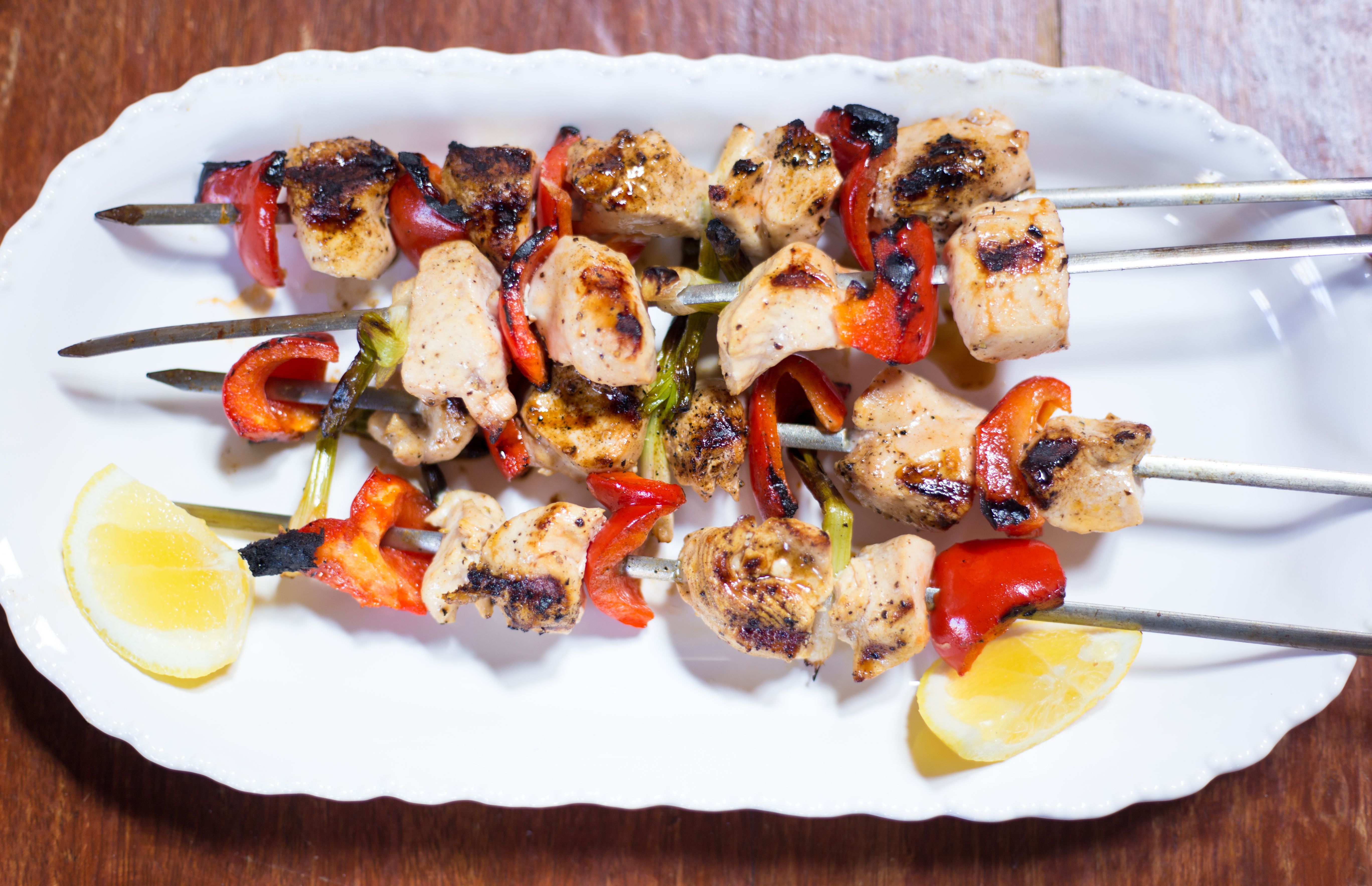 plated chicken skewers