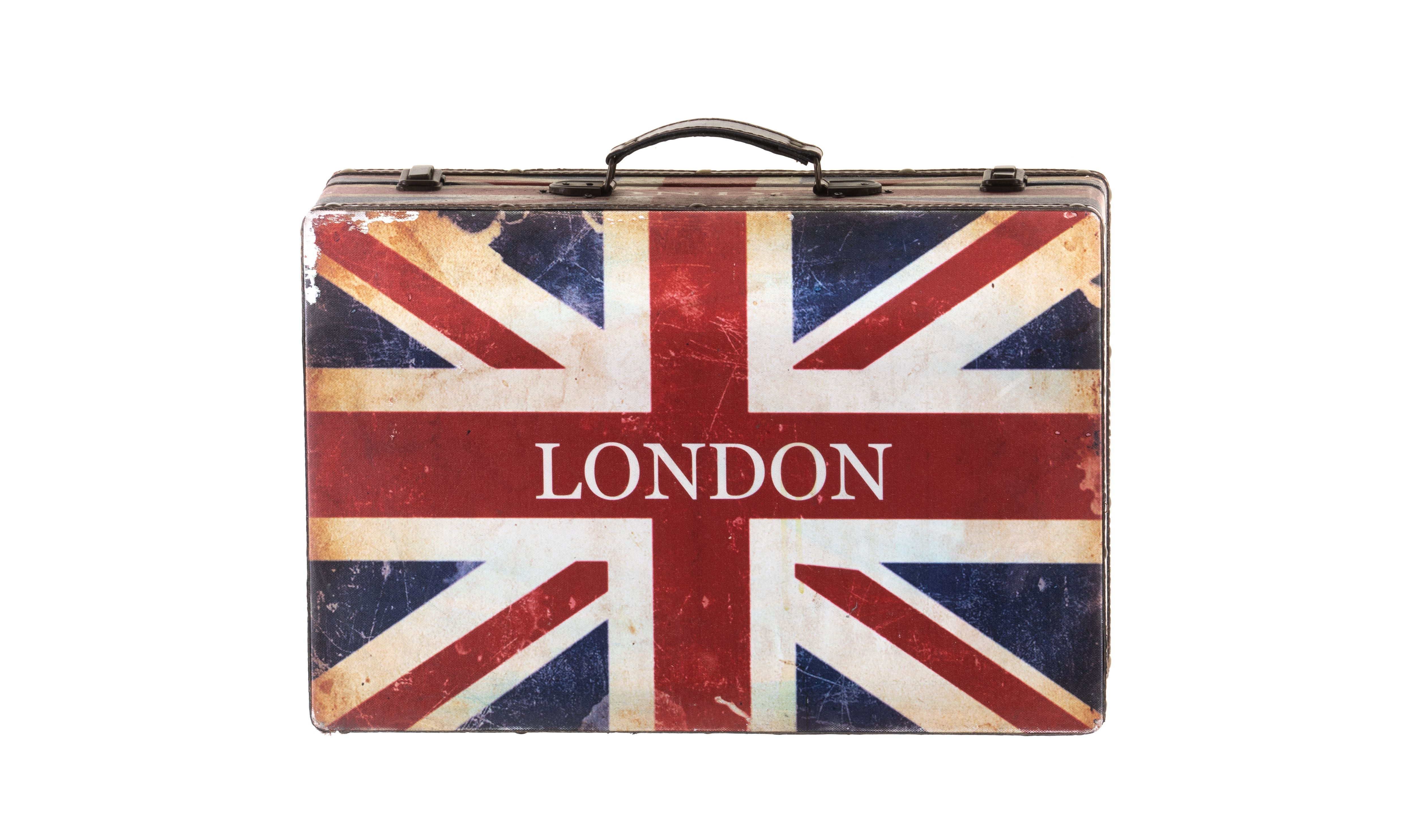 old suitcase with english flag isolated on white background