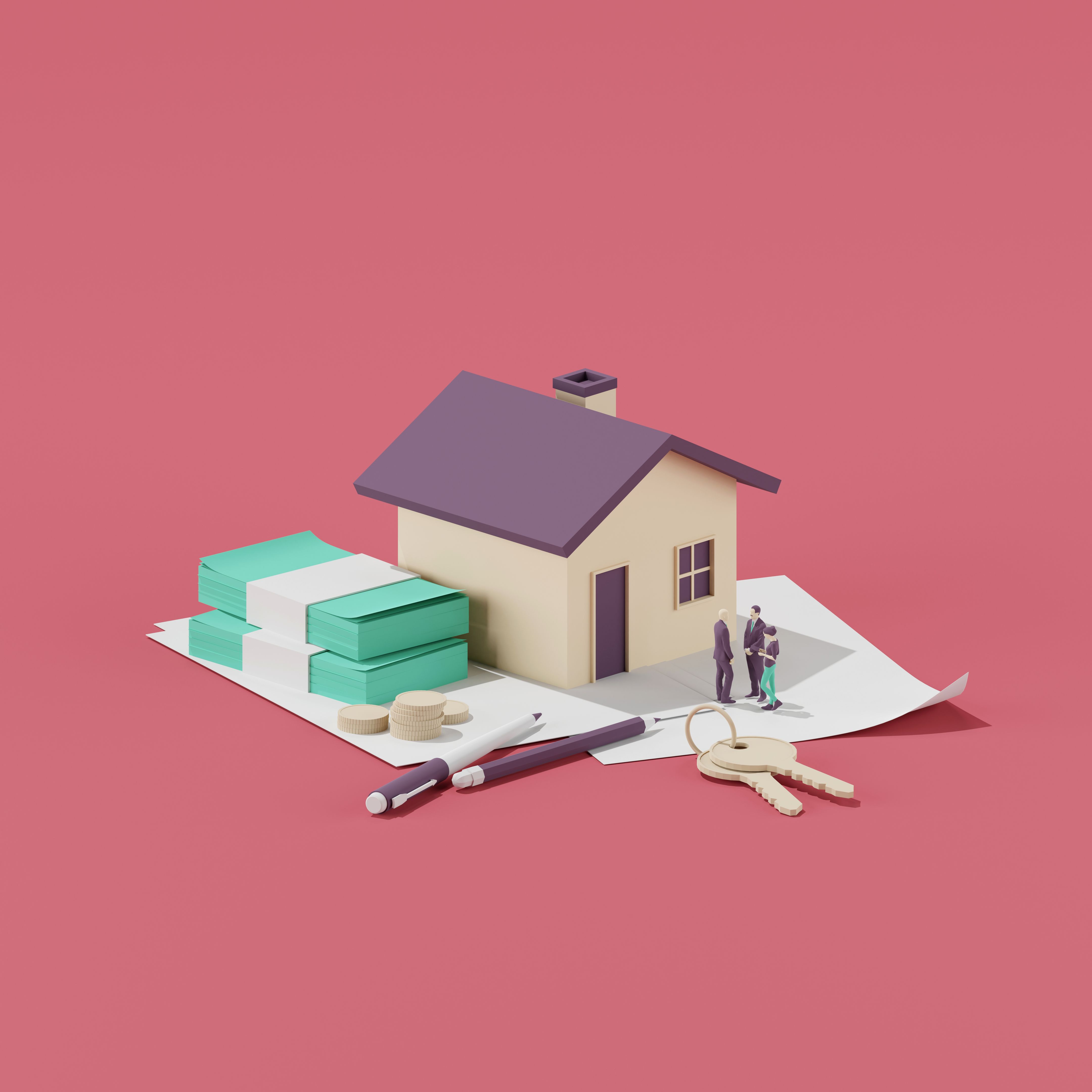 3d render of house model with money and property contract, real estate concept.