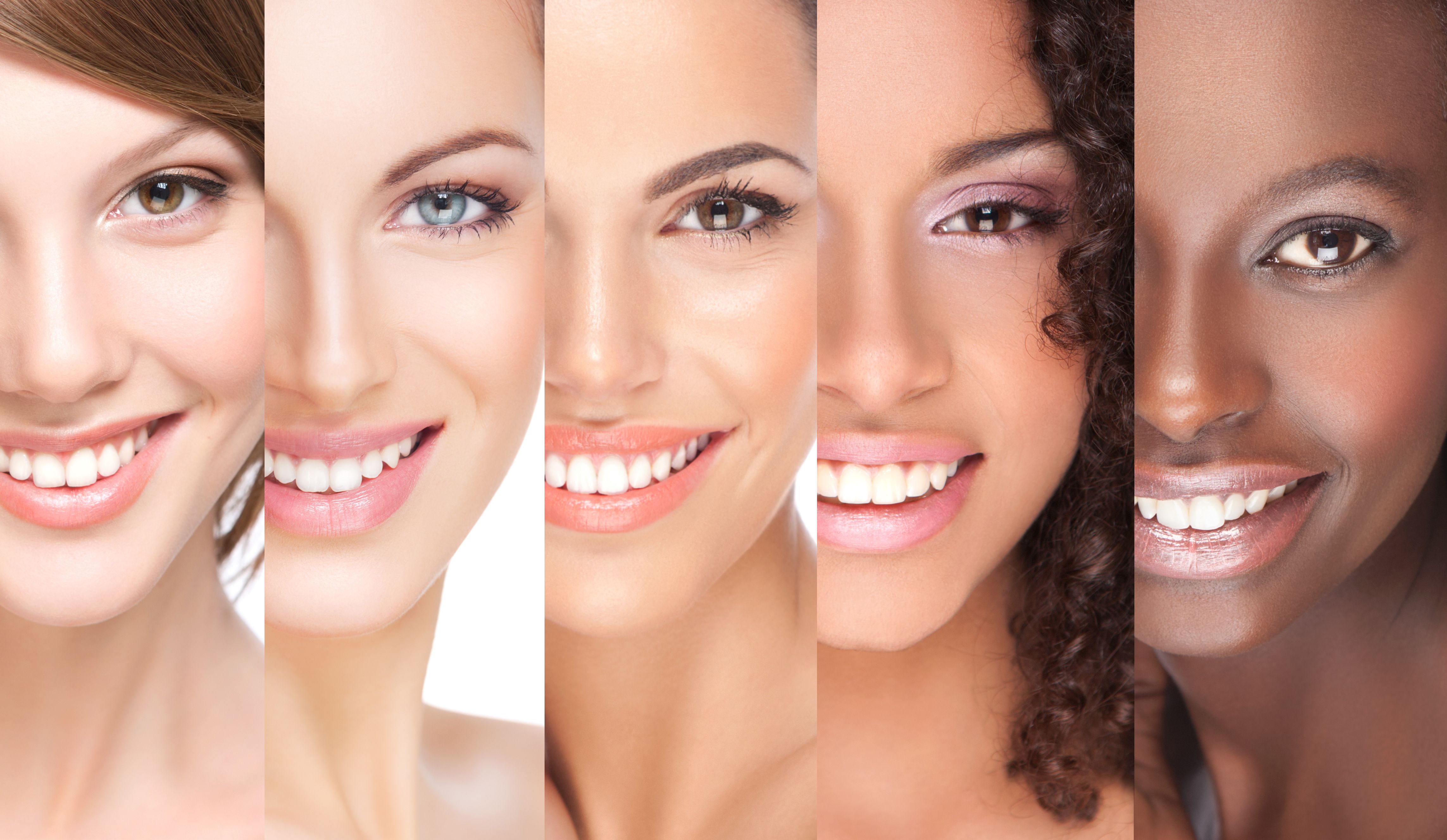 Close-up of 5 juxtaposed smiling young women Close-up of 5 juxtaposed smiling young women