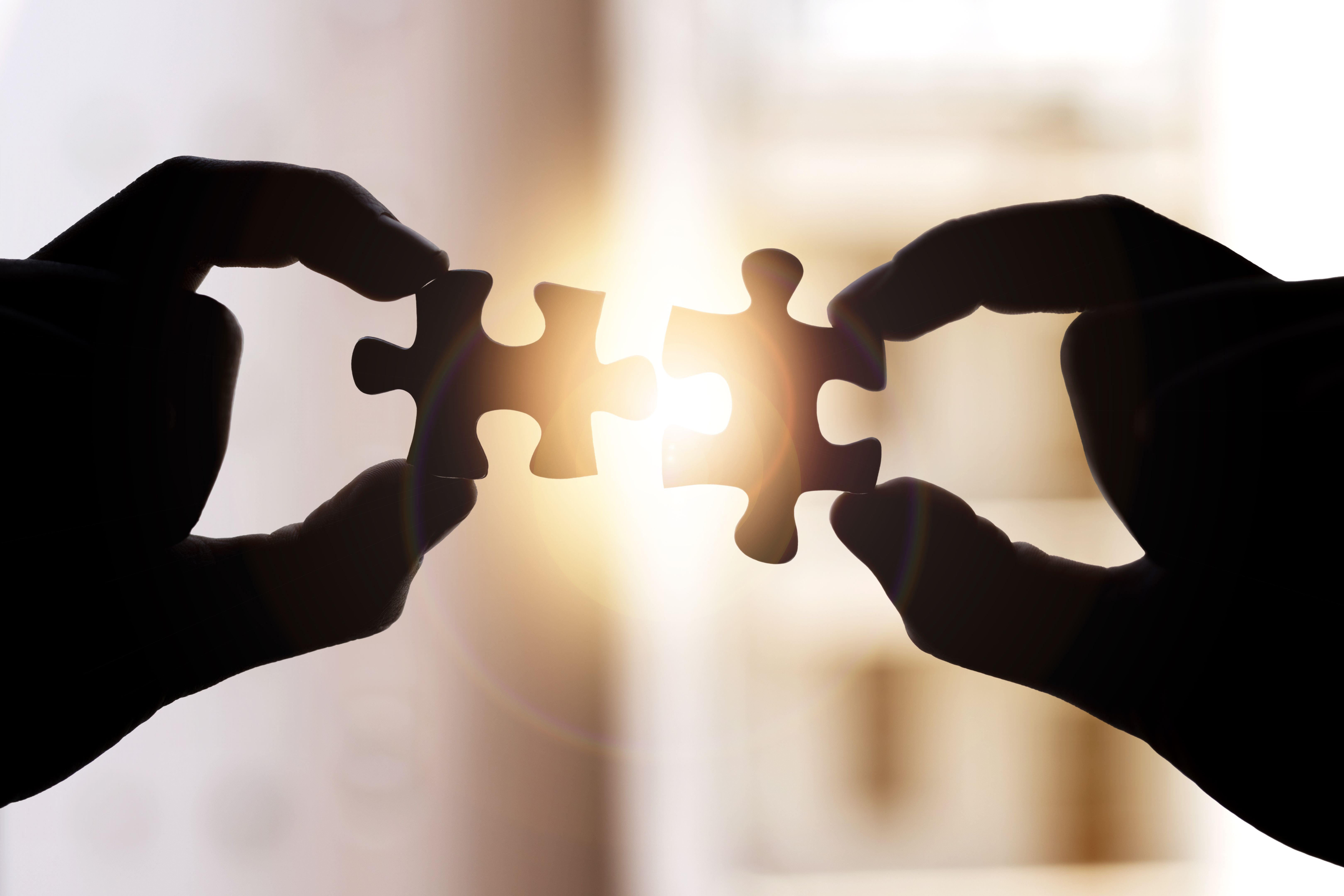 Hands holding two pieces of a puzzle in front of the sun Hands holding two pieces of a puzzle in front of the sun