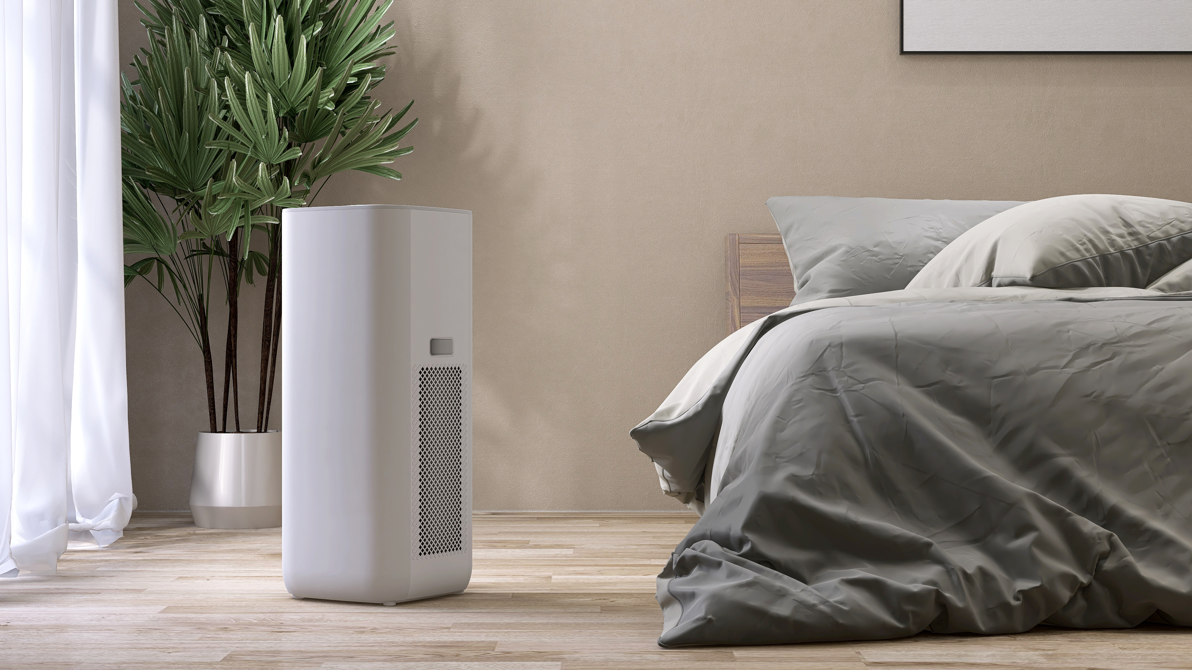 White modern design air purifier, dehumidifier in beige brown wall bedroom, gray cover sheet bed, tropical palm tree in sunlight on wood parquet floor White modern design air purifier, dehumidifier in beige brown wall bedroom, gray cover sheet bed, tropical palm tree in sunlight on wood parquet floor
