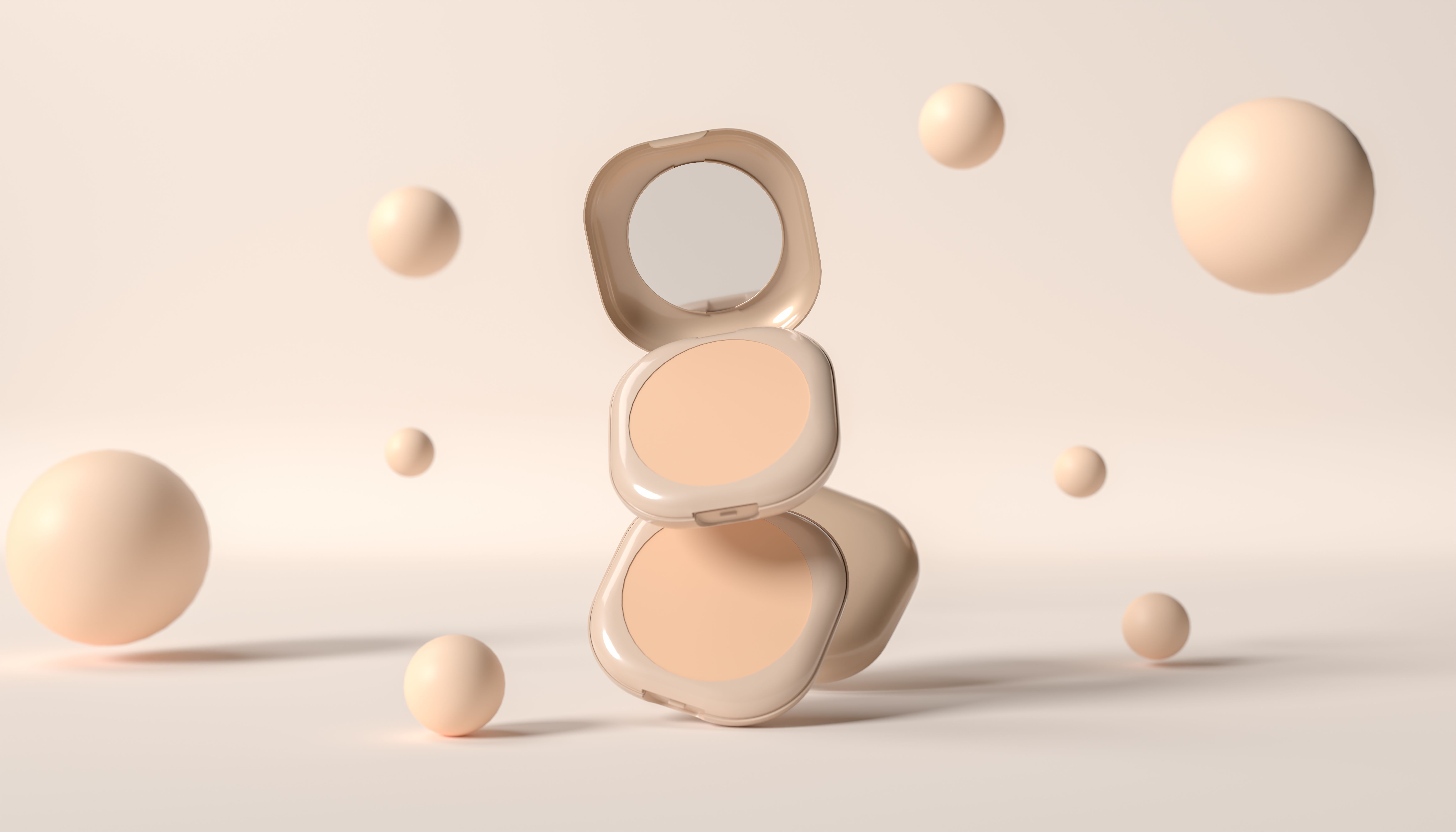 Compact powder case with mirror, beige tones, floating spheres, minimalistic design, beauty product, skincare, elegant packaging, foundation, soft lighting, neutral background. 3d rendering