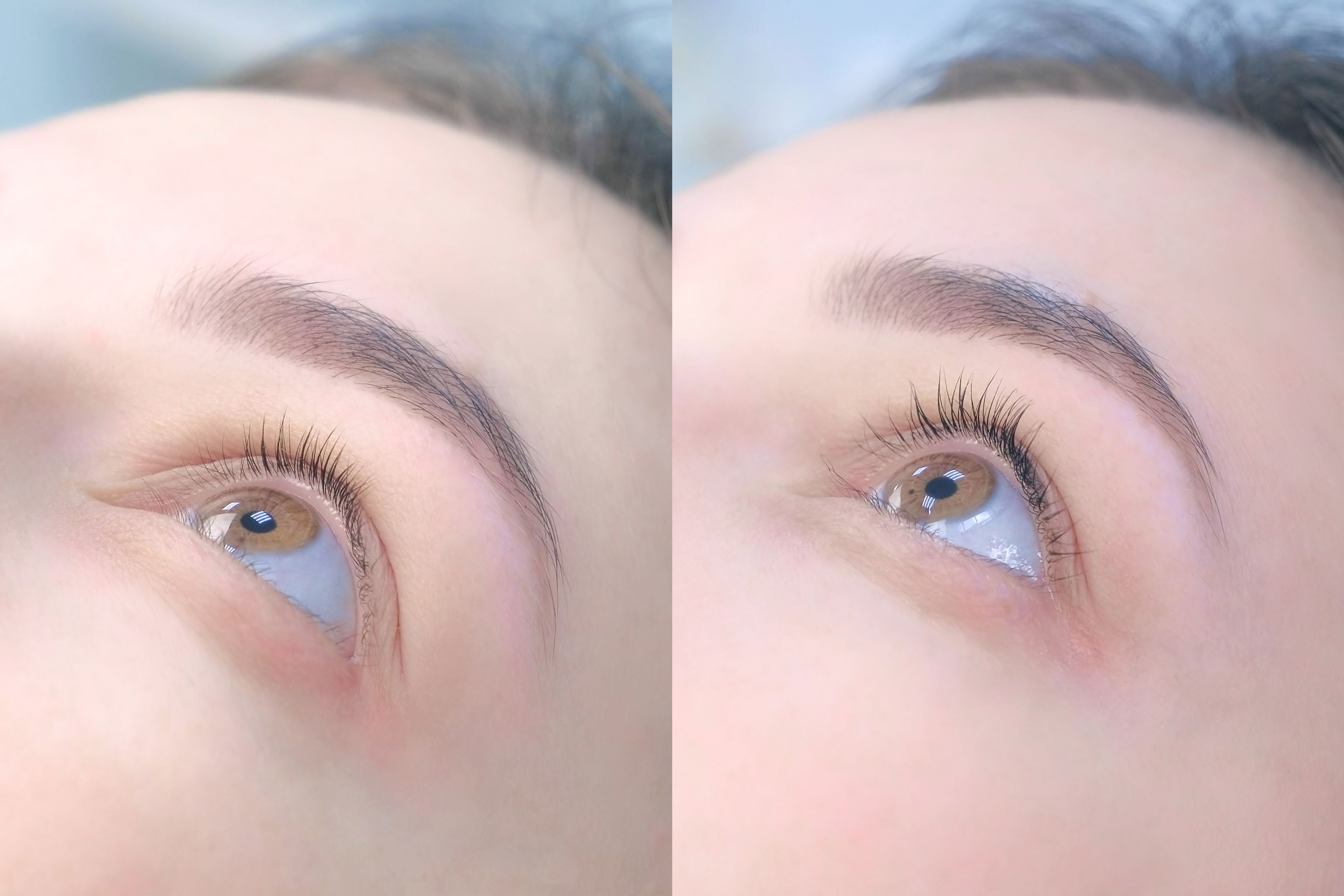 Collage of woman's eye before and after eyelashes lifting and lamination.