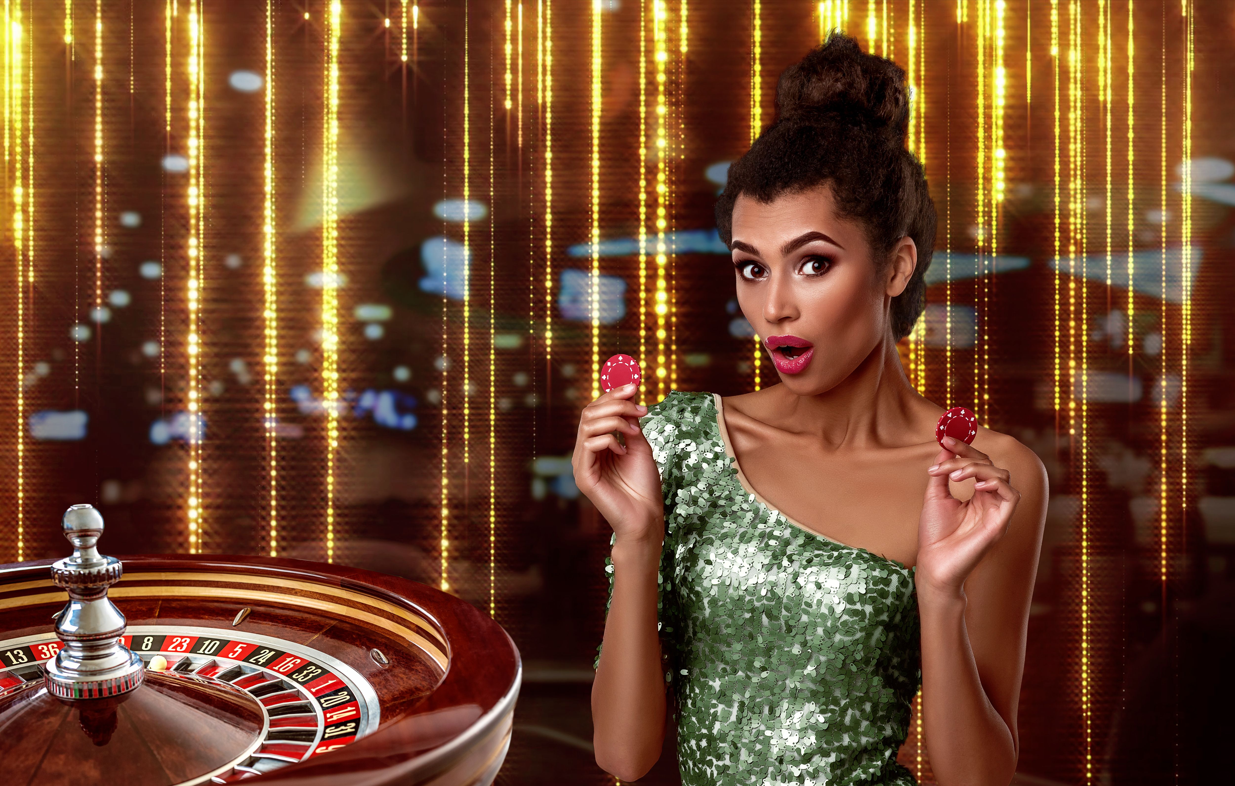 beautiful brunette girl with chips stands on the background of a royal roulette. collage with a gambler, roulette and chips beautiful brunette girl with chips stands on the background of a royal roulette. collage with a gambler, roulette and chips