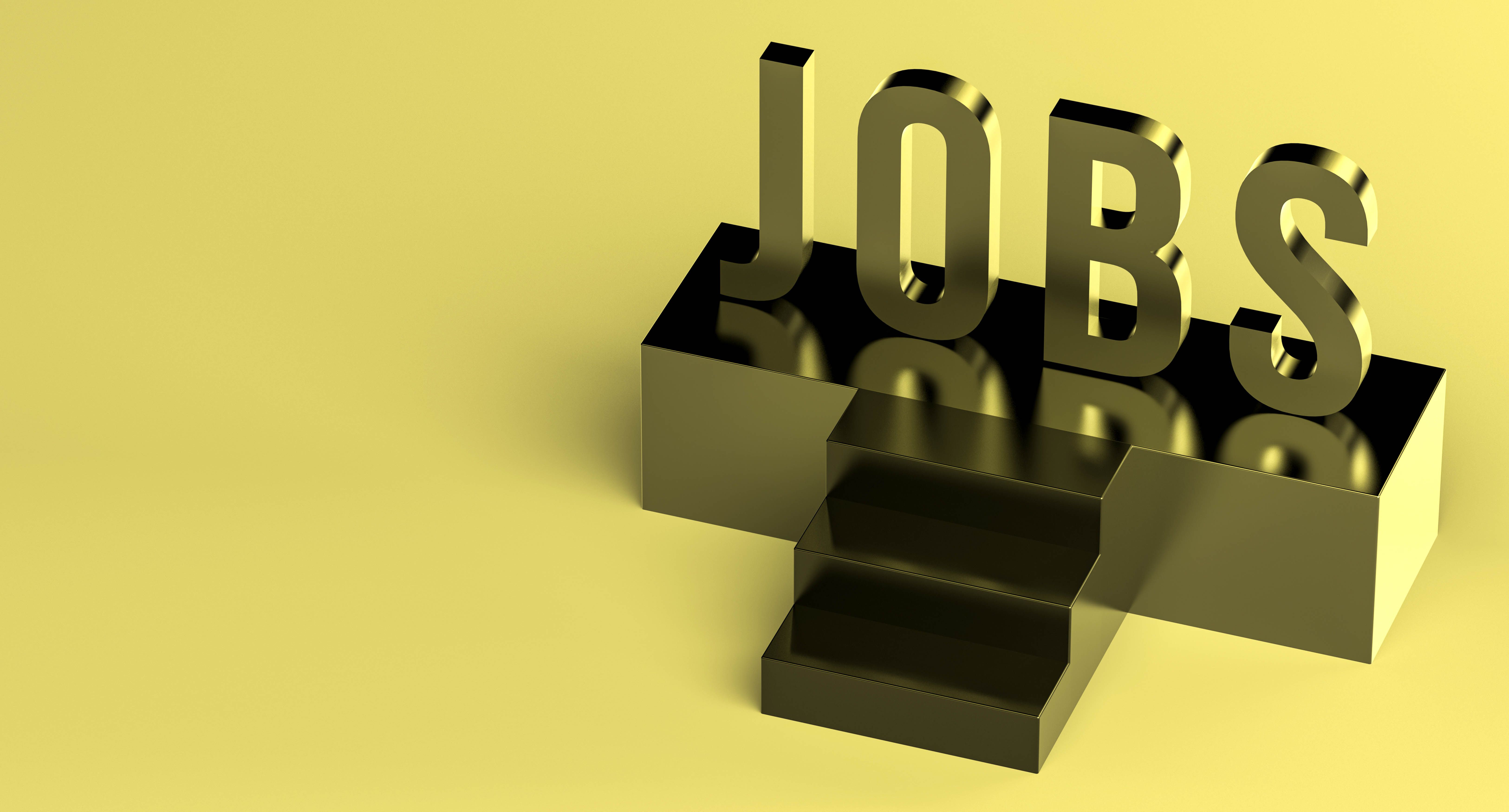 JOBS golden word on a podium on a bright yellow background with space for text. Job or vacancy search banner with place to insert text. 3D render.