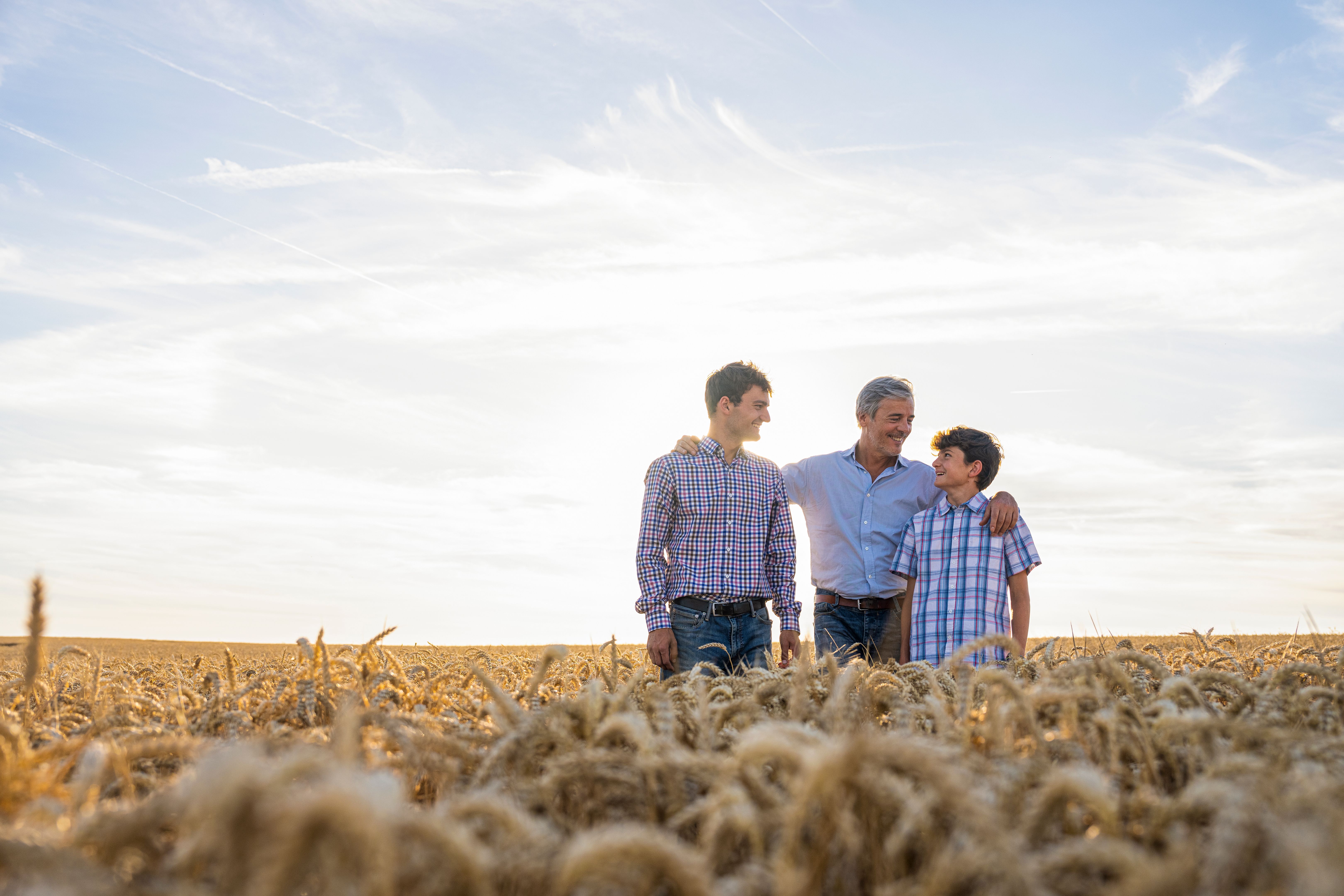 Wide angle shot of farmer talking to his two sons while standing in wheat field at sunset