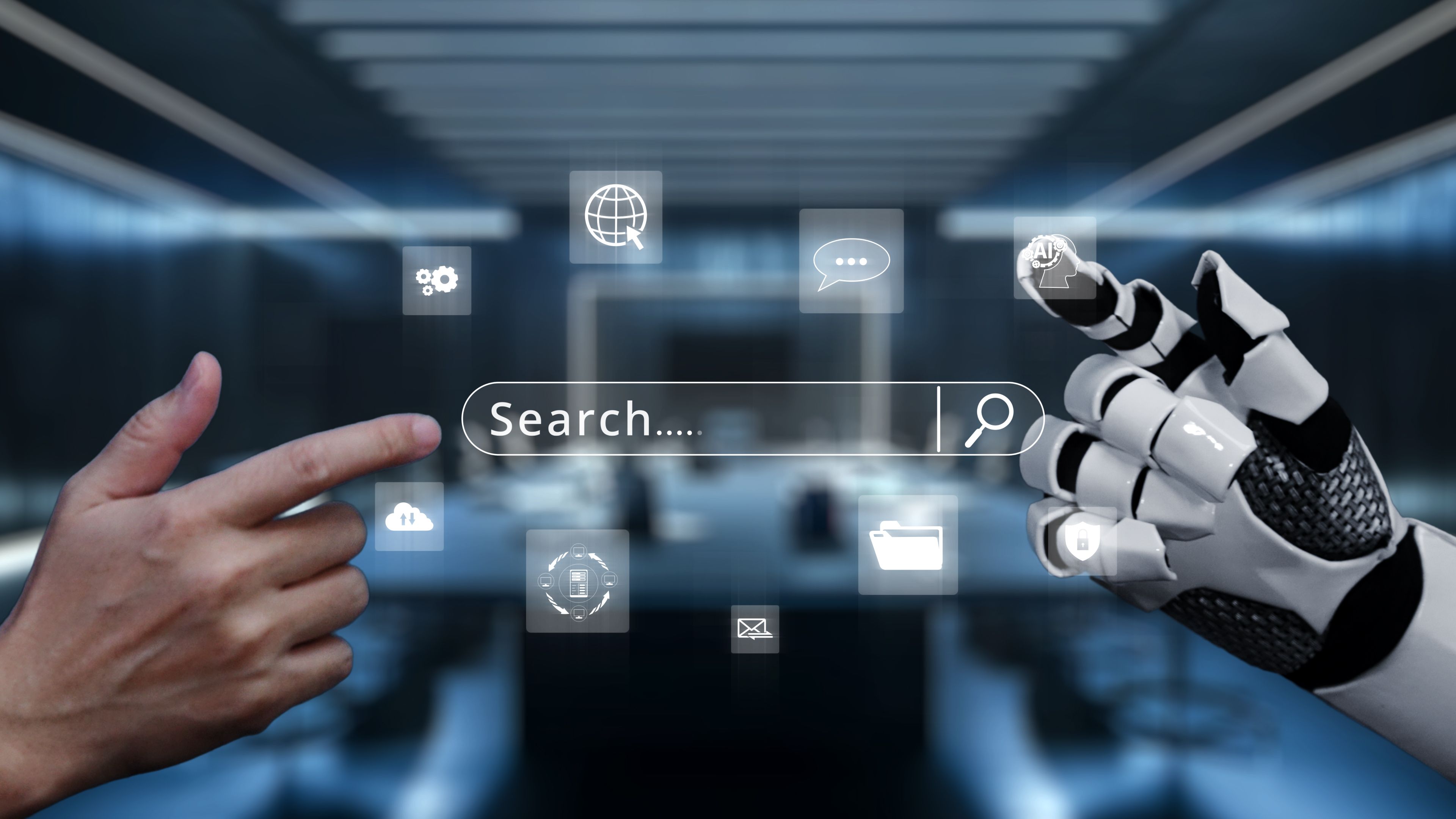 Human Hand Interacting with Robotic Hand in a Digital Interface Displaying Search Icons and Communication Symbols in a Modern Office Environment. Auvana Human Hand Interacting with Robotic Hand in a Digital Interface Displaying Search Icons and Communication Symbols in a Modern Office Environment. Auvana