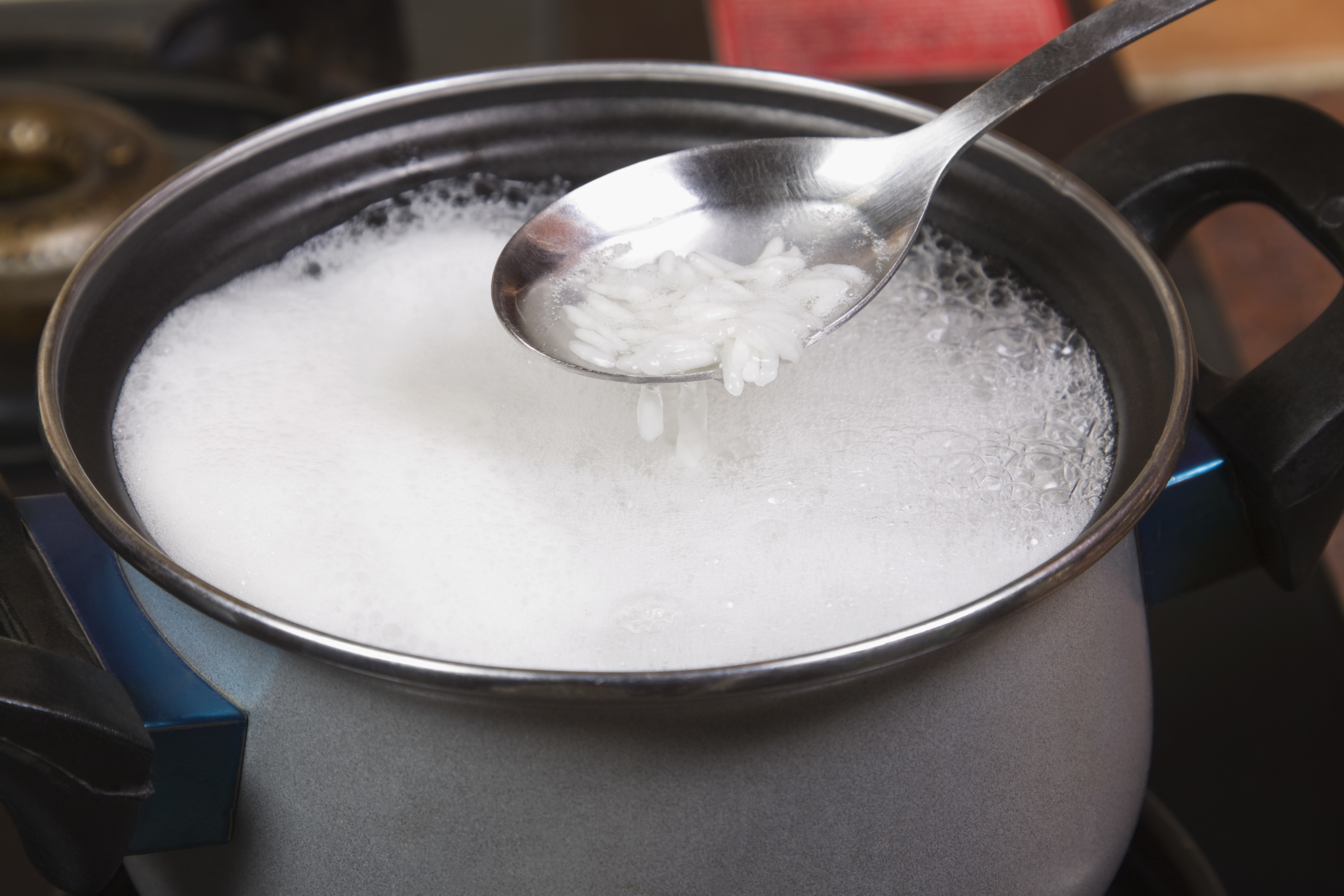 Close-up of a spatula over a pan of rice
