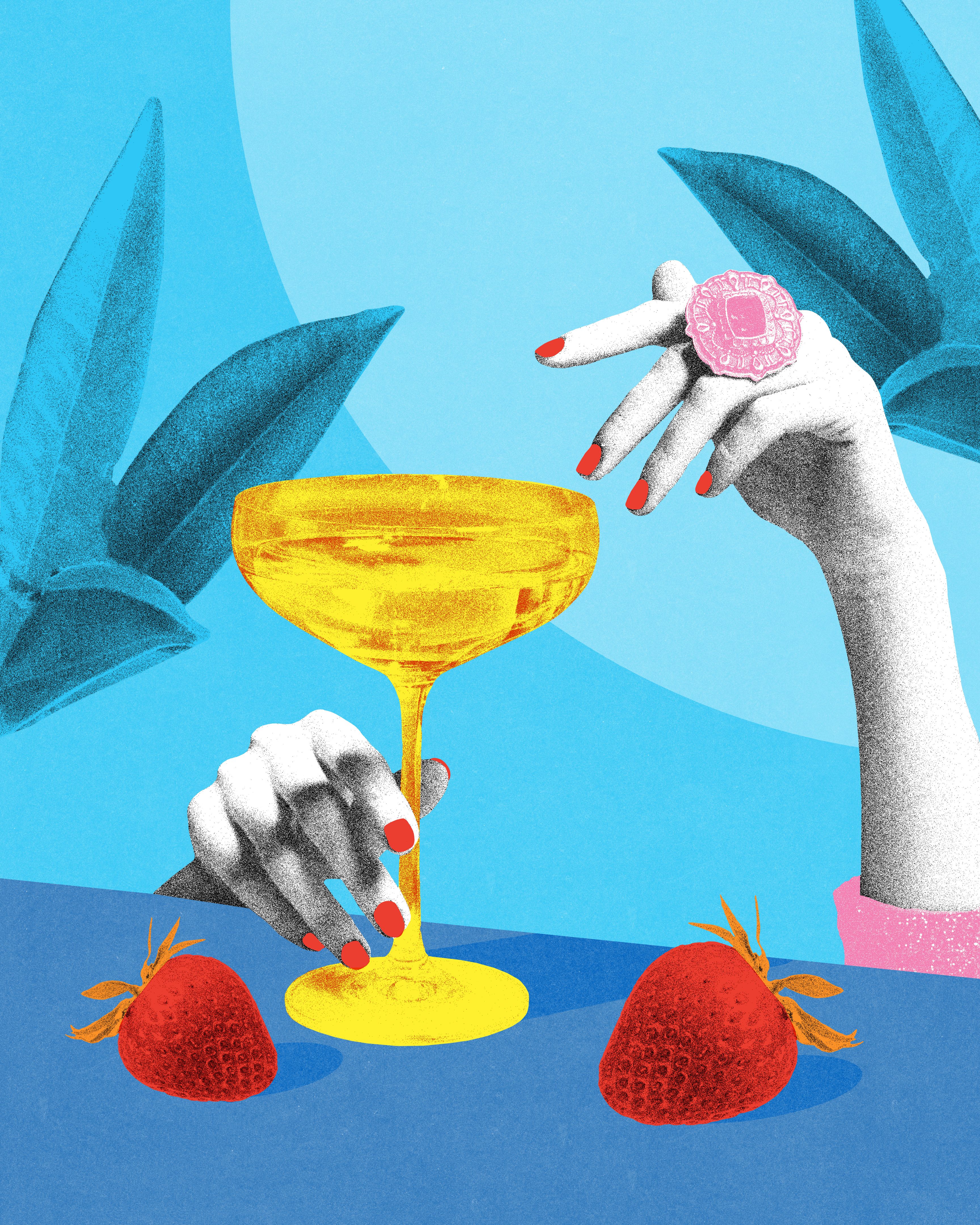 Modern artwork. Golden champagne glass held by stylish hands with red nails, surrounded by strawberries, set on vivid blue background for glamorous party energy. Modern artwork. Golden champagne glass held by stylish hands with red nails, surrounded by strawberries, set on vivid blue background for glamorous party energy.