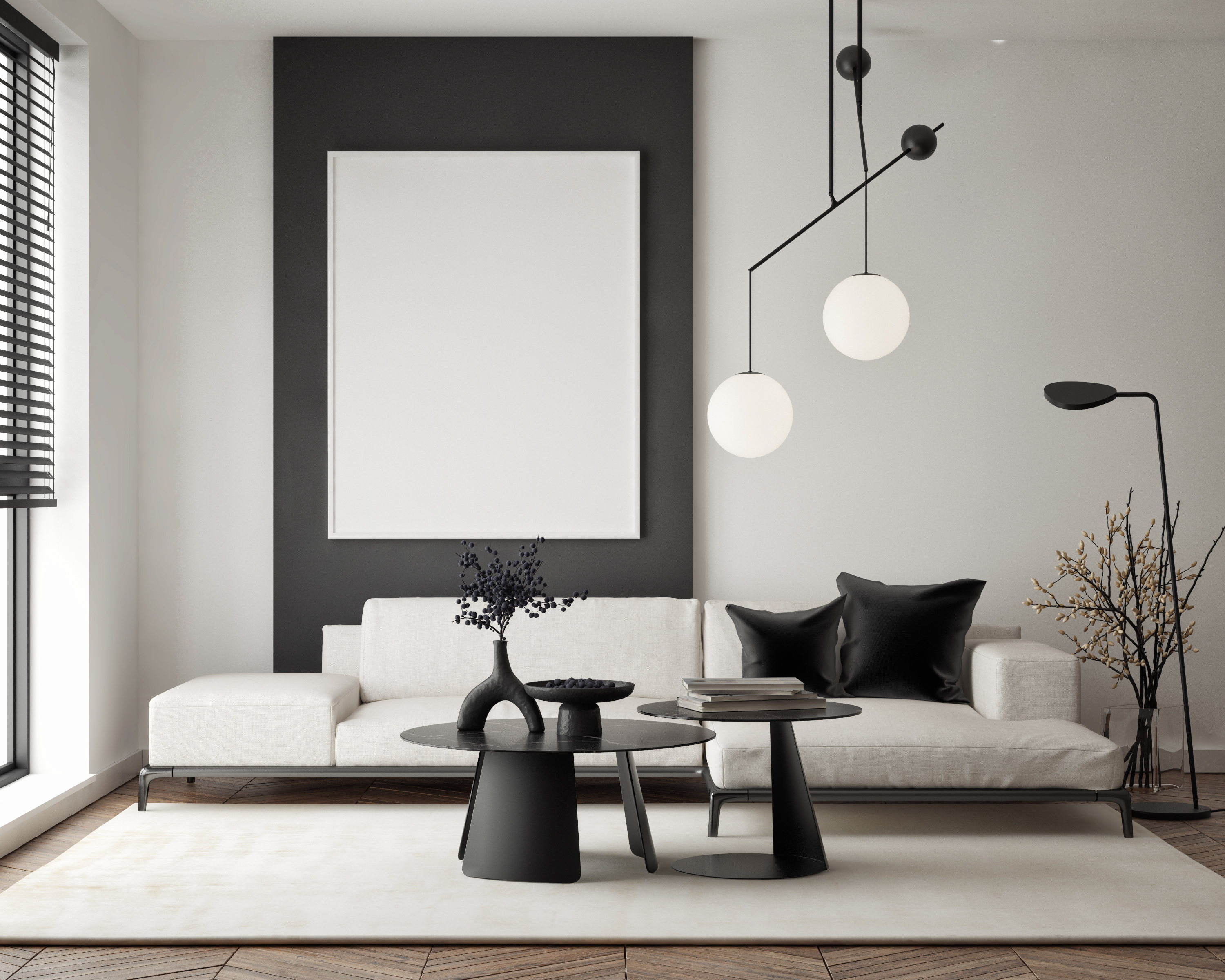 Mockup poster frame on the wall of living room. Luxurious apartment background with contemporary design. Modern interior design. 3D render, 3D illustration