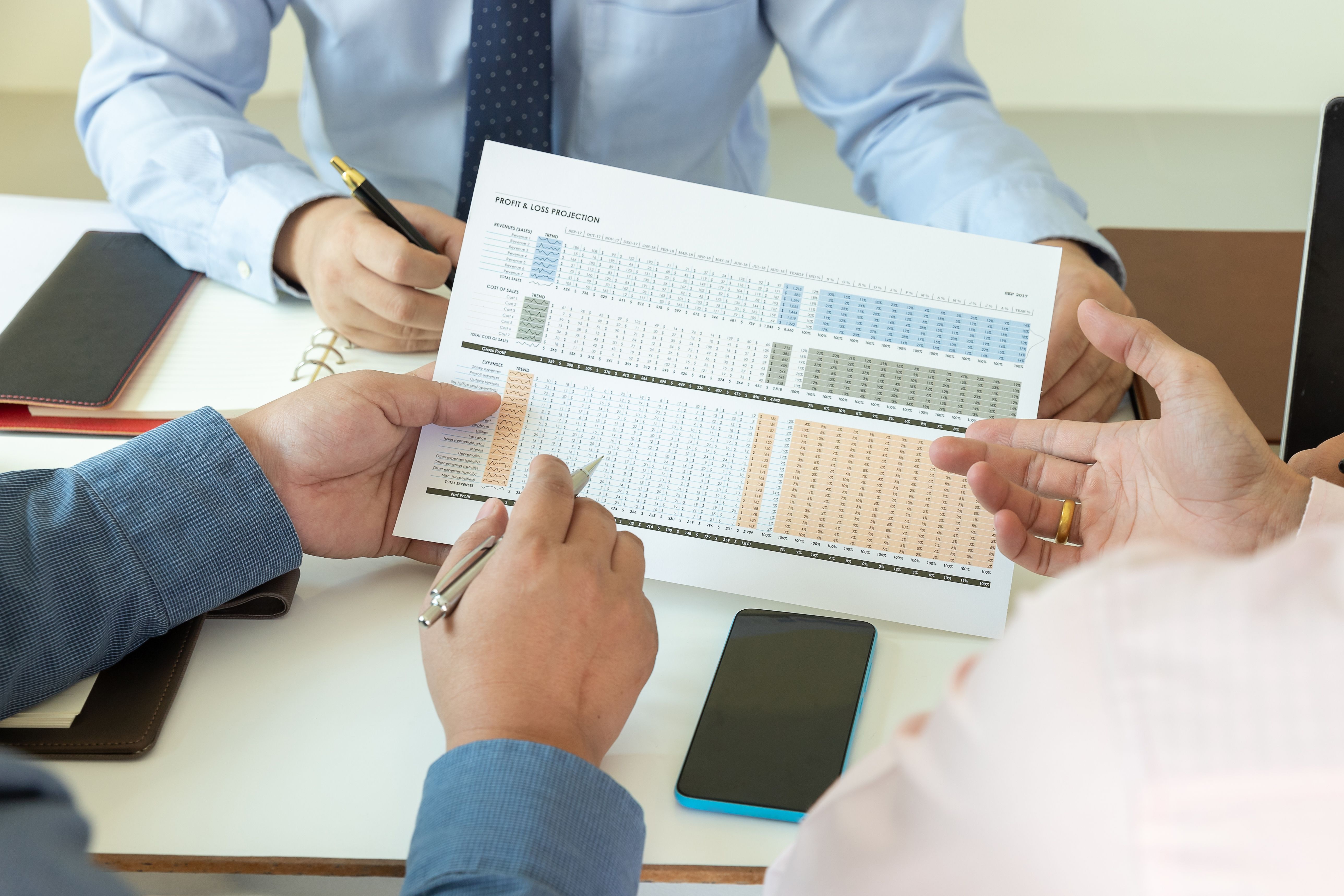 Koncepcja biznesowa i finansowa pracy biurowej, praca zespołowa biznesmenów omawiających plan biznesowy inwestycji w biurze