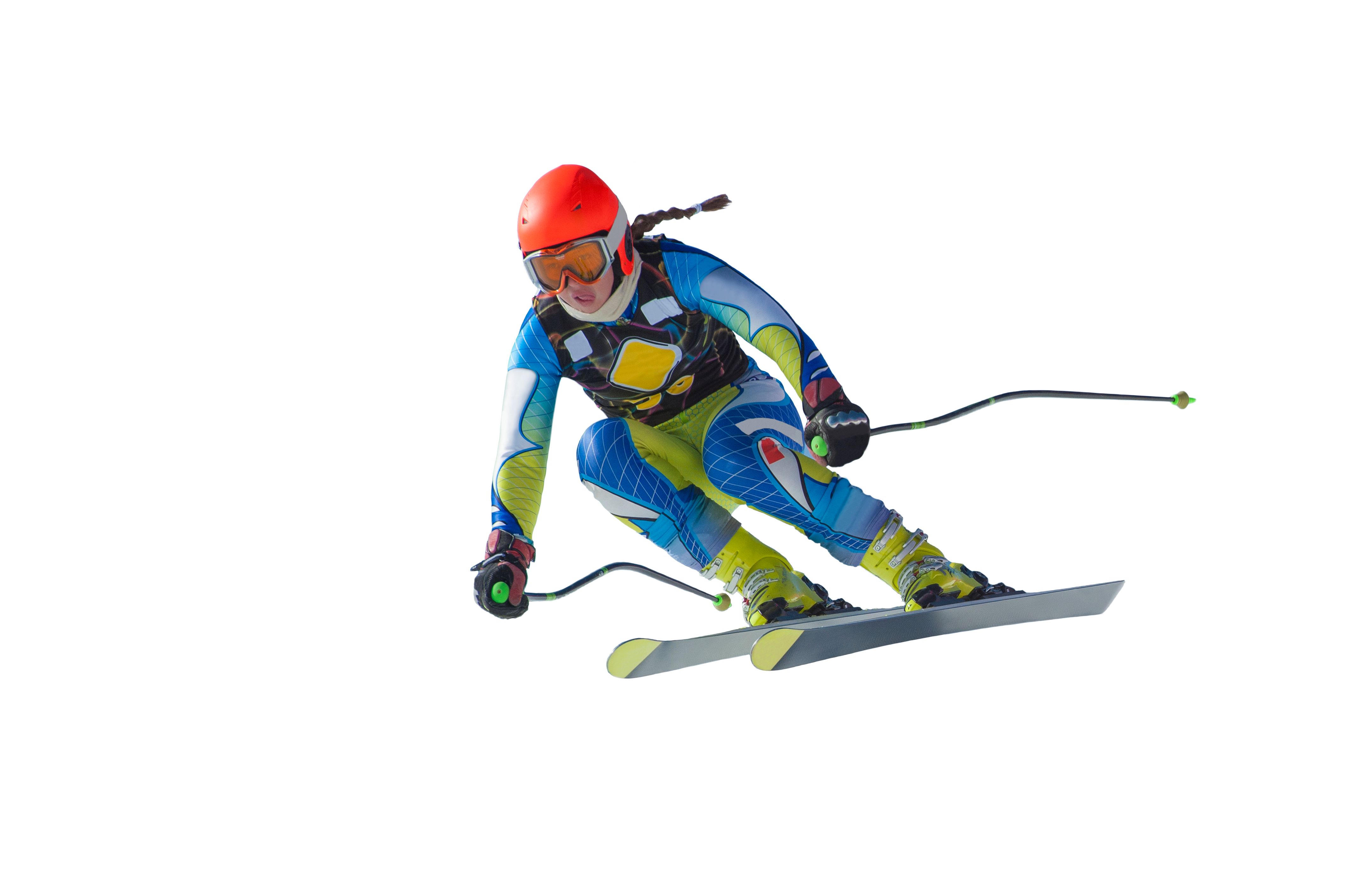 Young Woman at Ski Race on White Background