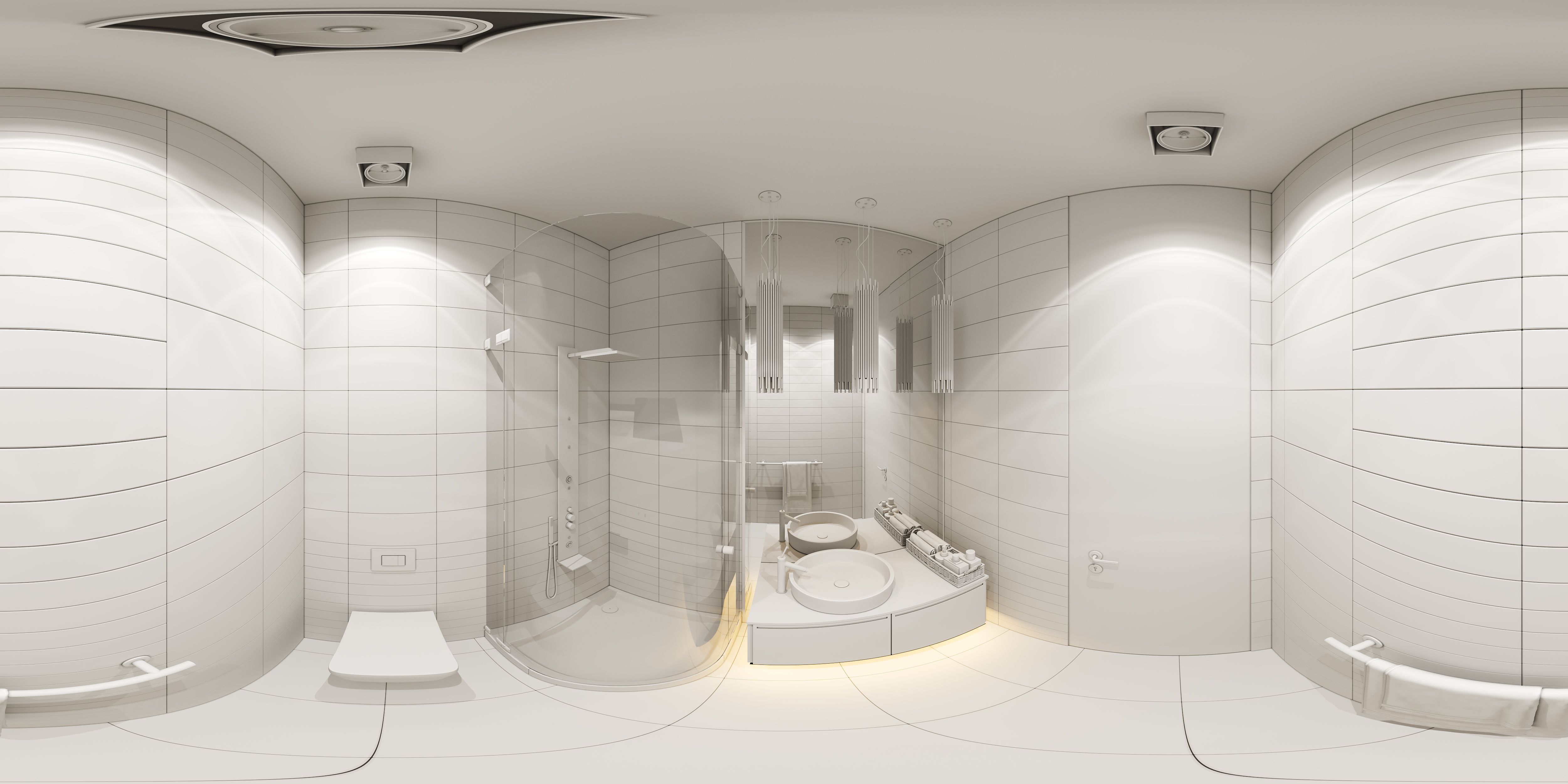3d illustration interior design spherical 360 seamless panorama of the bathroom with a corner shower